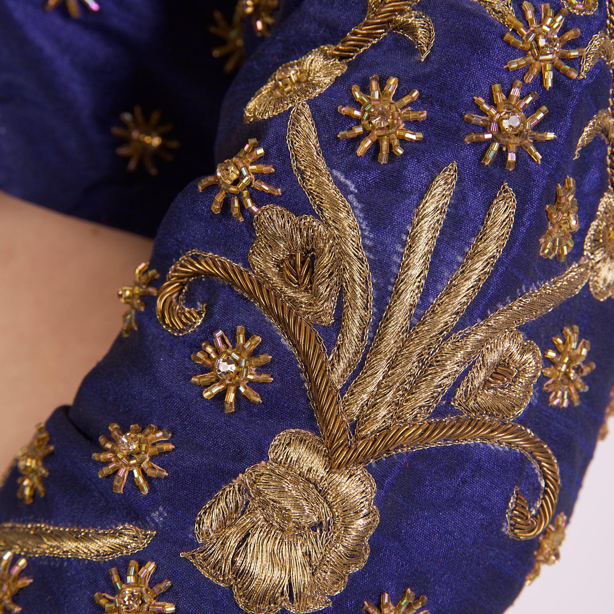 Blue Hand Embroidered Silk Saree Blouse with Long Sleeves - Image 6