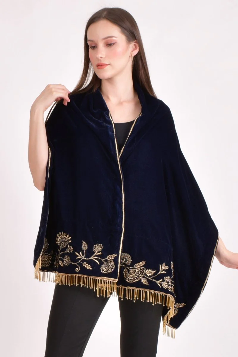 Blue Hand Embroidered Velvet Scarf - Image 3