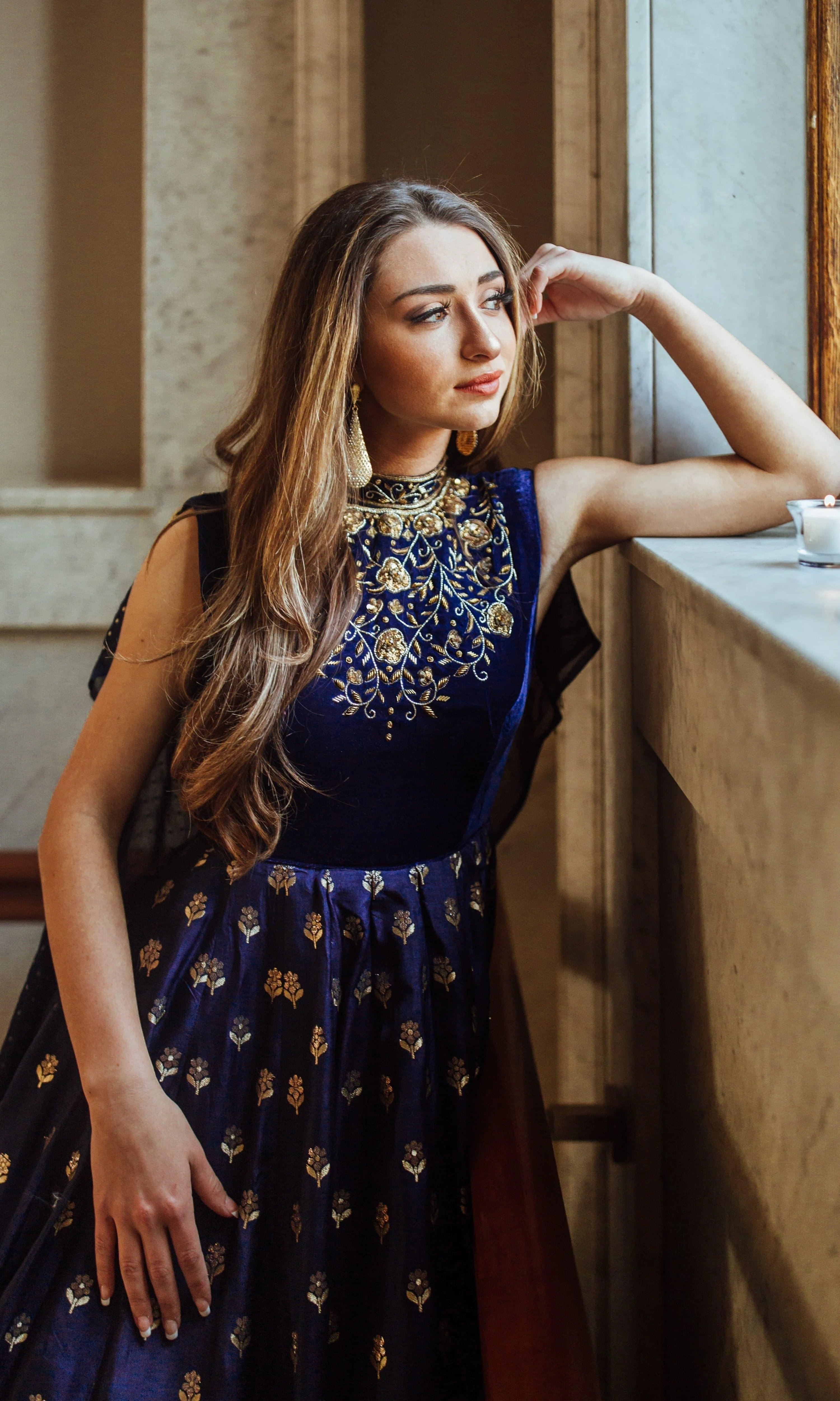 Blue Gown with Velvet Hand Embroidered Torso and Banarasi Jacquard Ham - Image 3