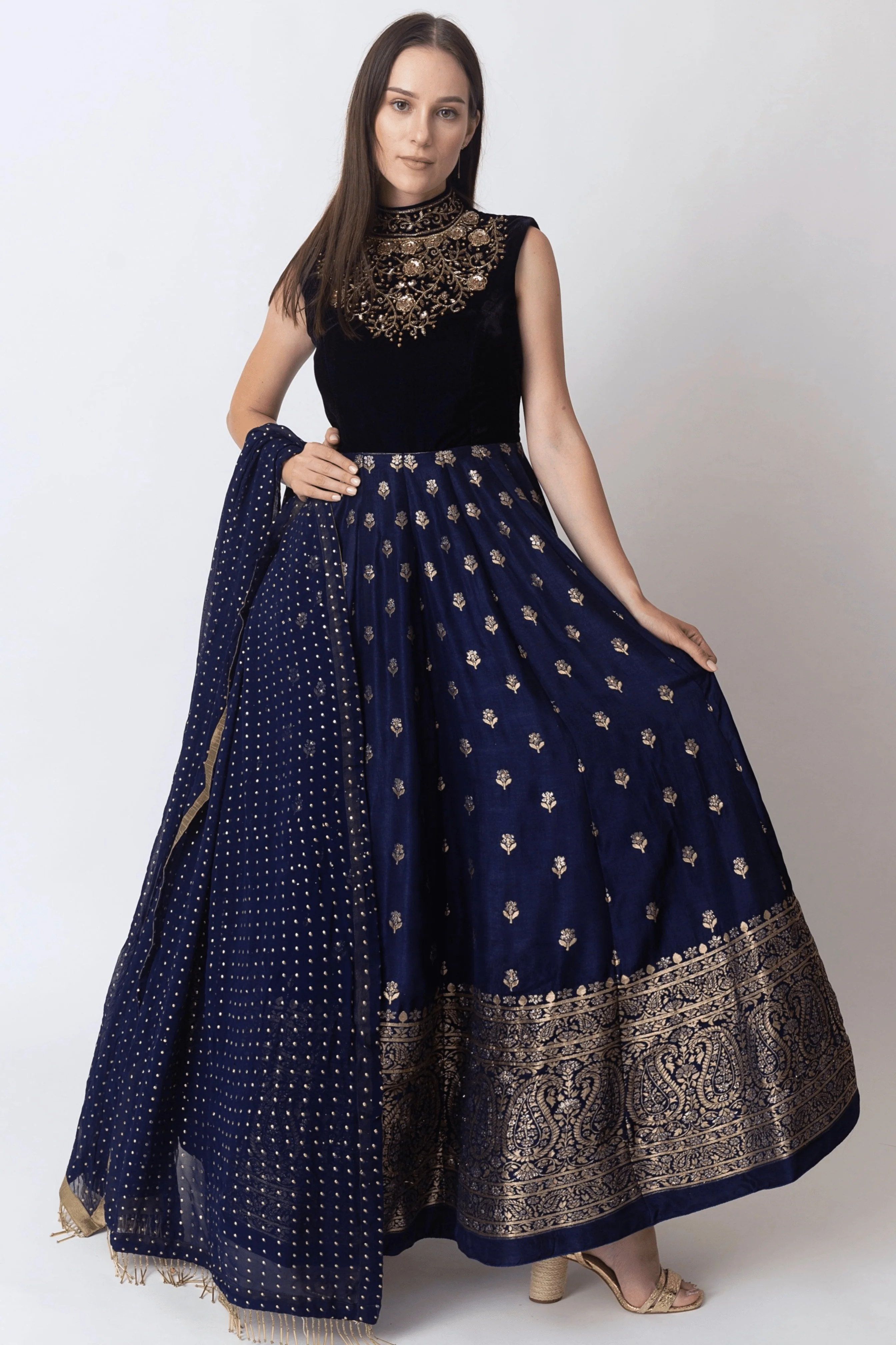 Blue Gown with Velvet Hand Embroidered Torso and Banarasi Jacquard Ham - Image 4