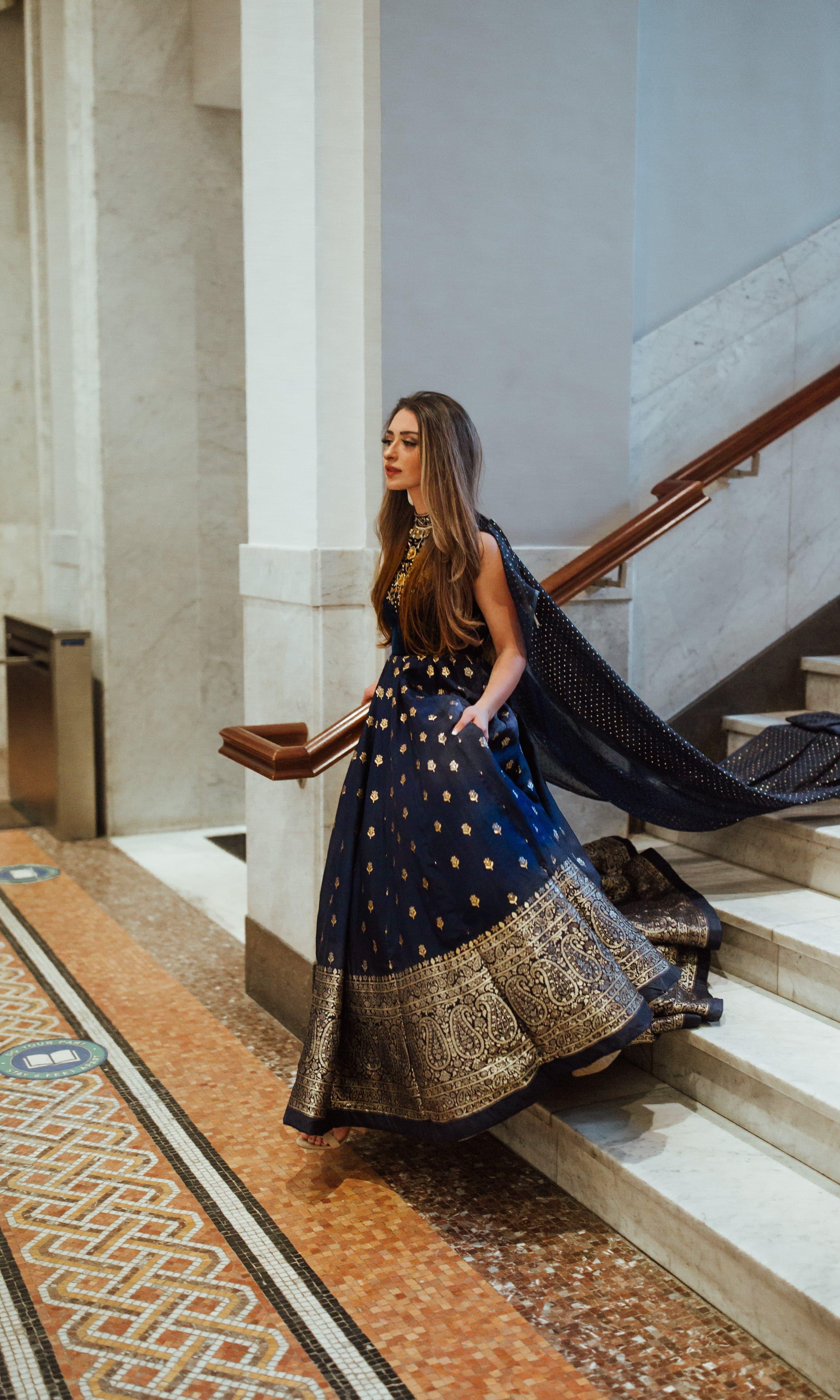 Blue Gown with Velvet Hand Embroidered Torso and Banarasi Jacquard Ham - Image 5