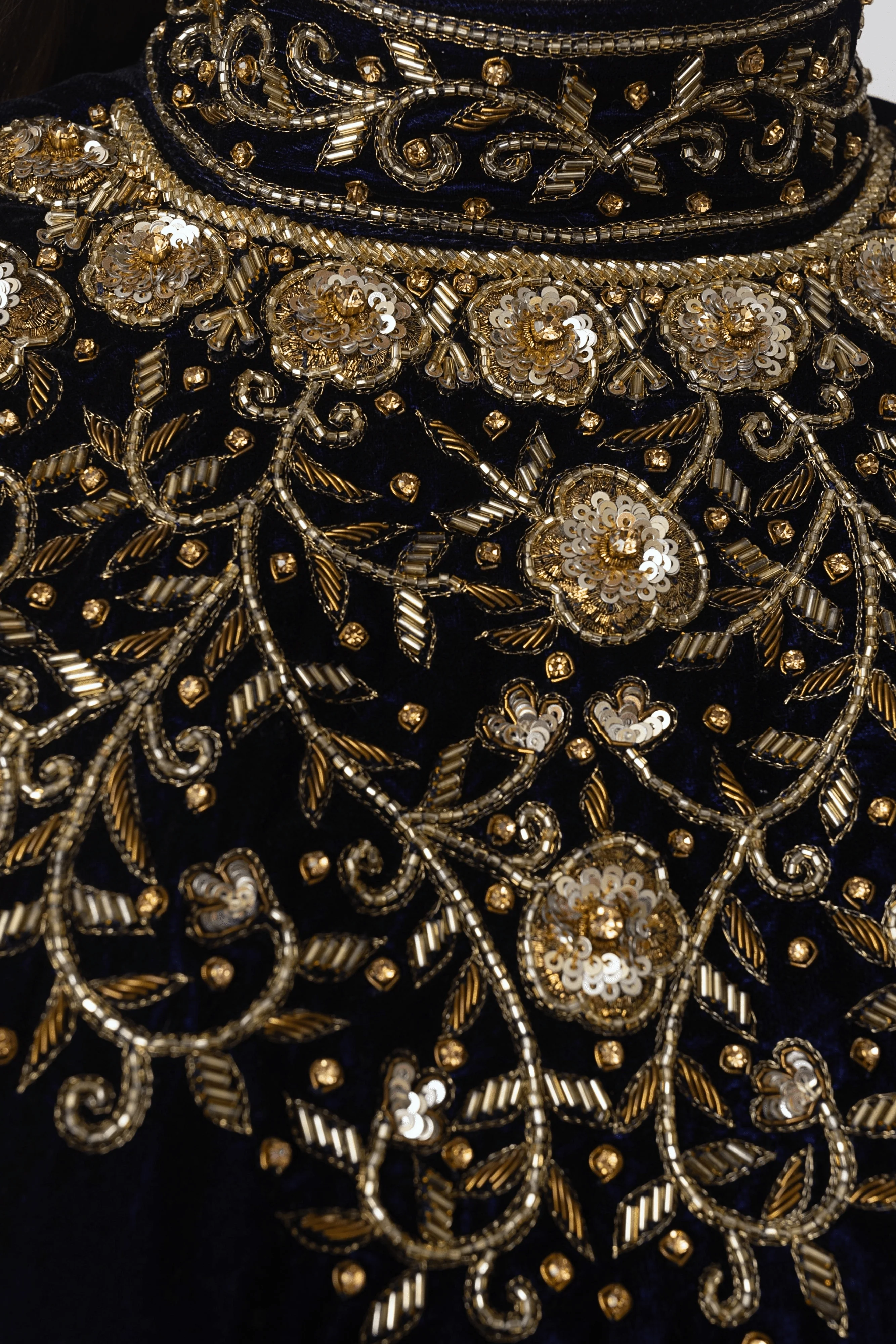 Blue Gown with Velvet Hand Embroidered Torso and Banarasi Jacquard Ham - Image 6