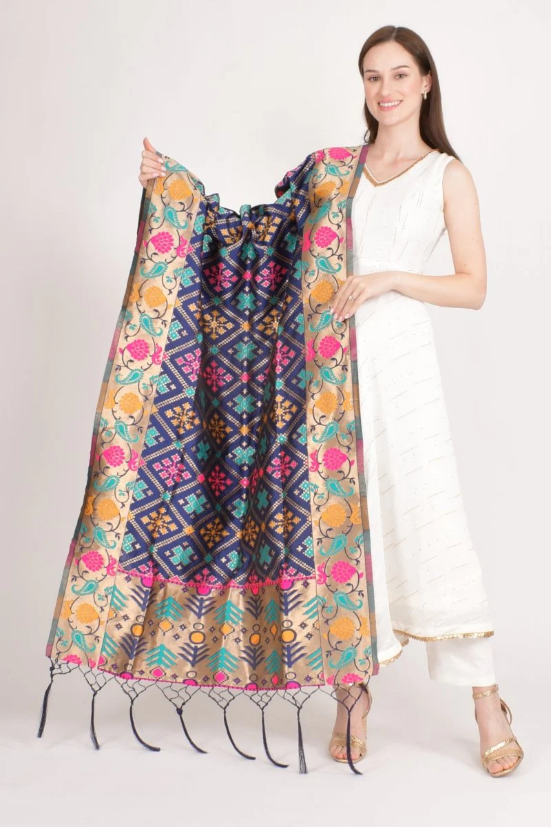 Blue Jacquard Polyester Dupatta With Tassels