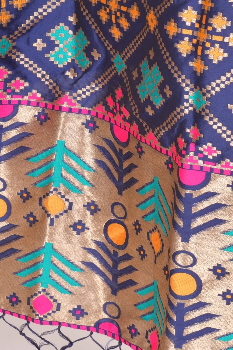 Blue Jacquard Polyester Dupatta With Tassels - Image 2