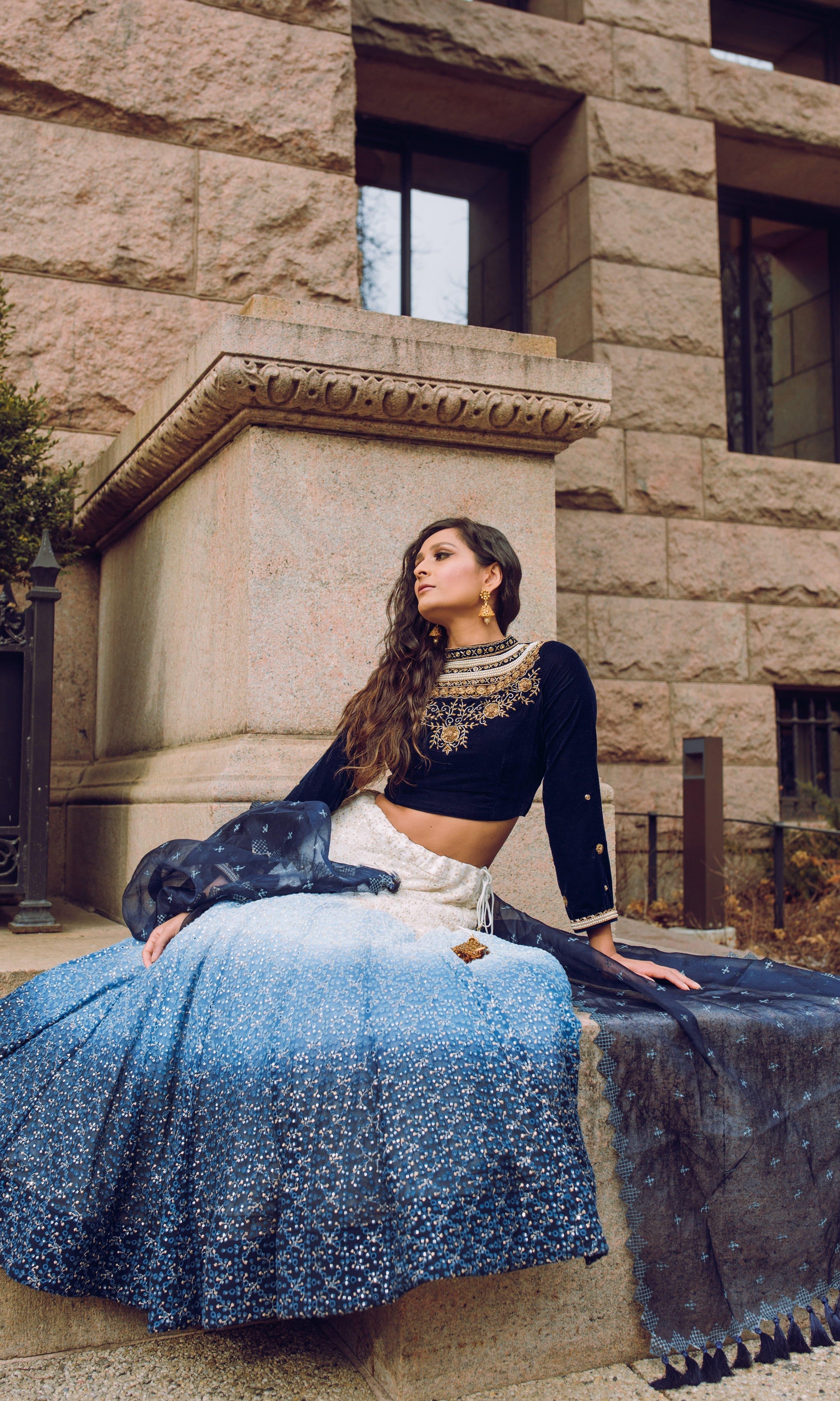 Blue Shaded Lehenga with Heavily Embroidered Blouse - Image 4