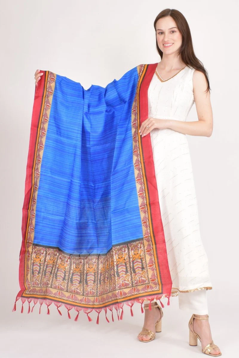 Blue Printed Border Dupatta With Tassels