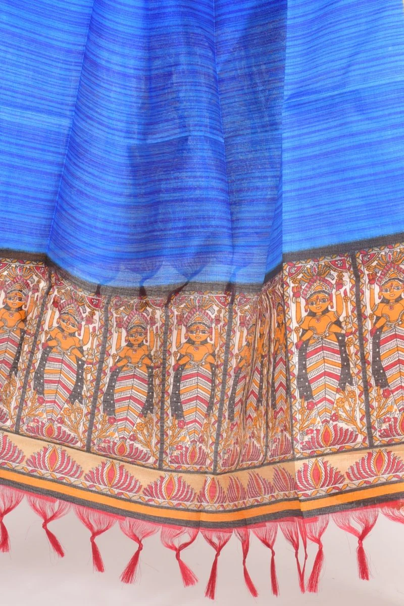 Blue Printed Border Dupatta With Tassels - Image 3