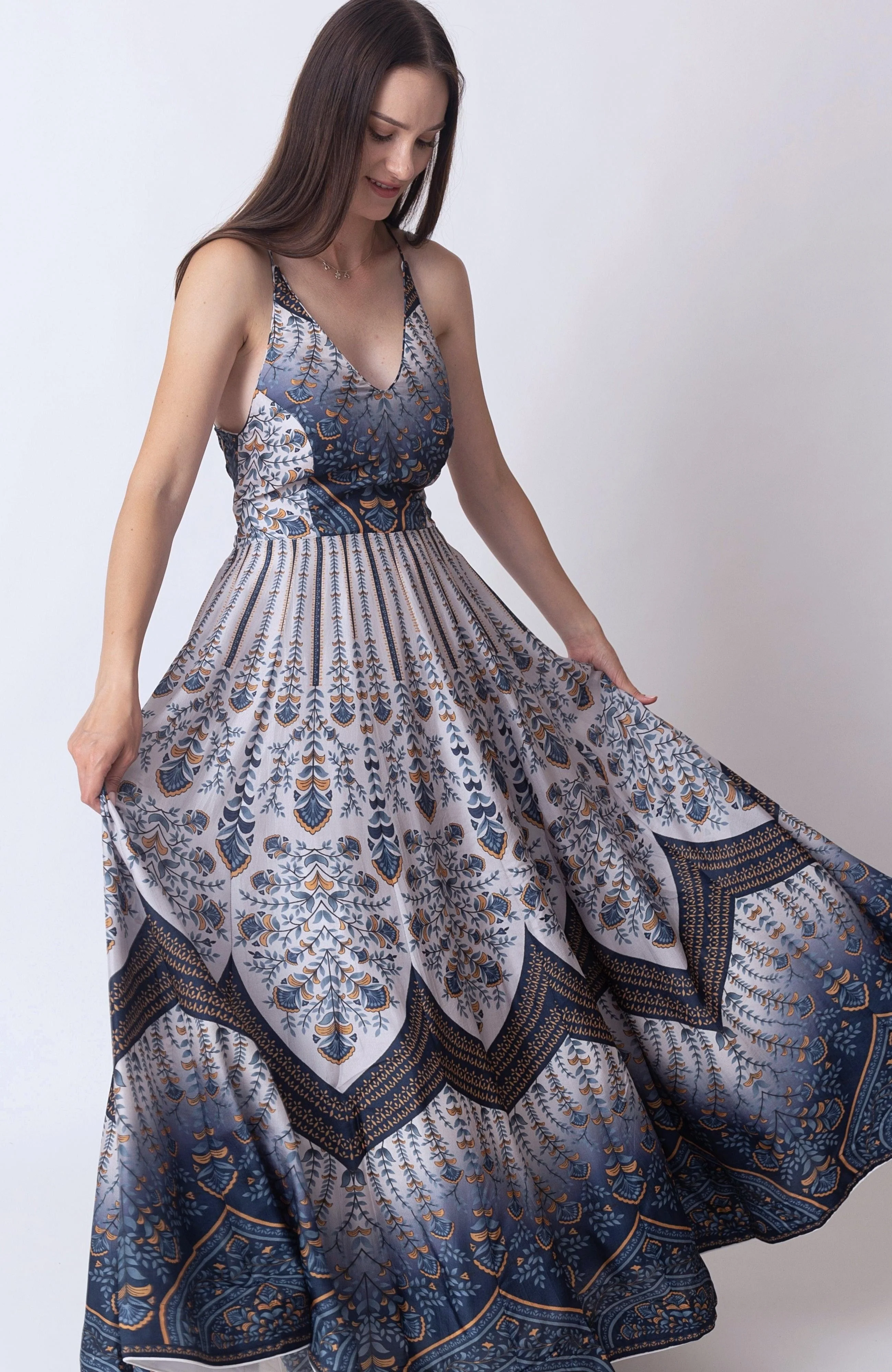 Blue V-Neck Printed Dress - Image 3