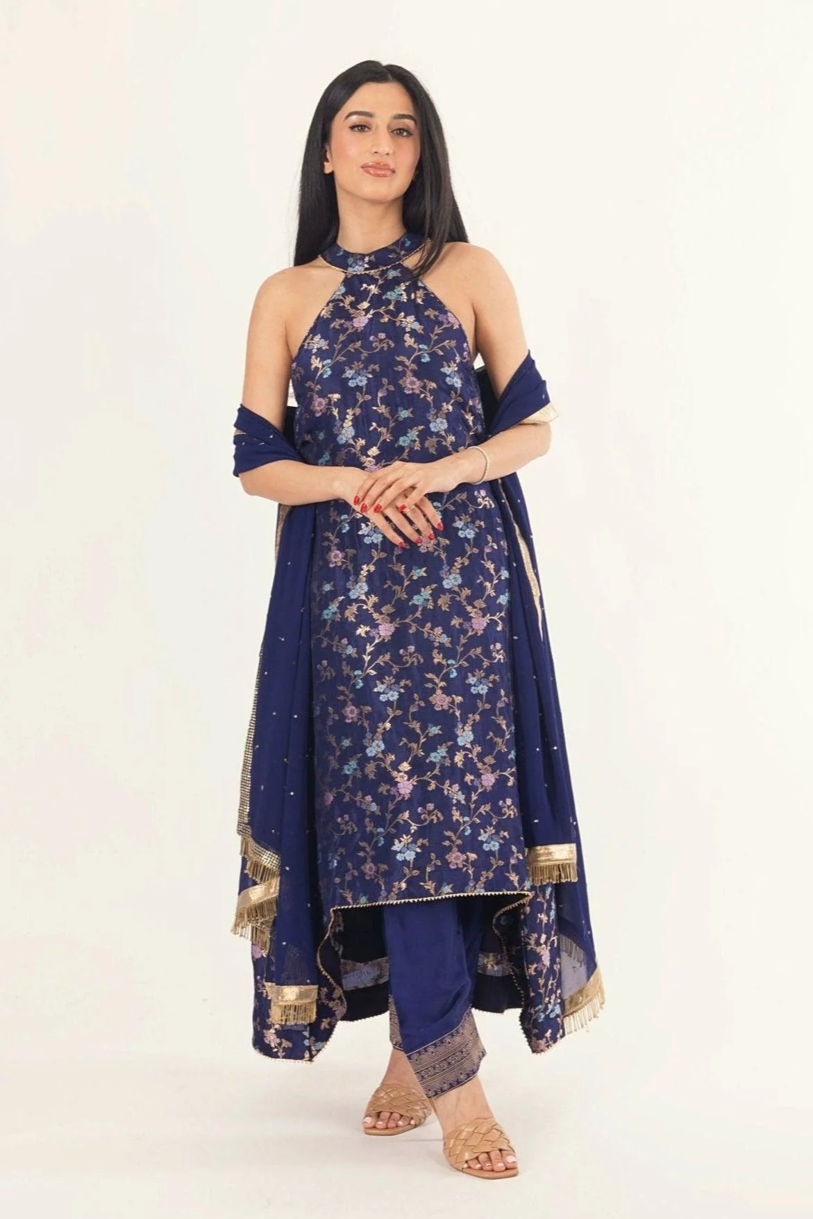 Blue Banarasi Silk Salwar Kameez Set with Halter Neck - Image 4