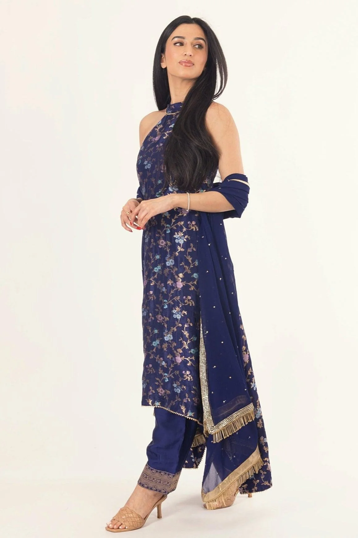Blue Banarasi Silk Salwar Kameez Set with Halter Neck - Image 5