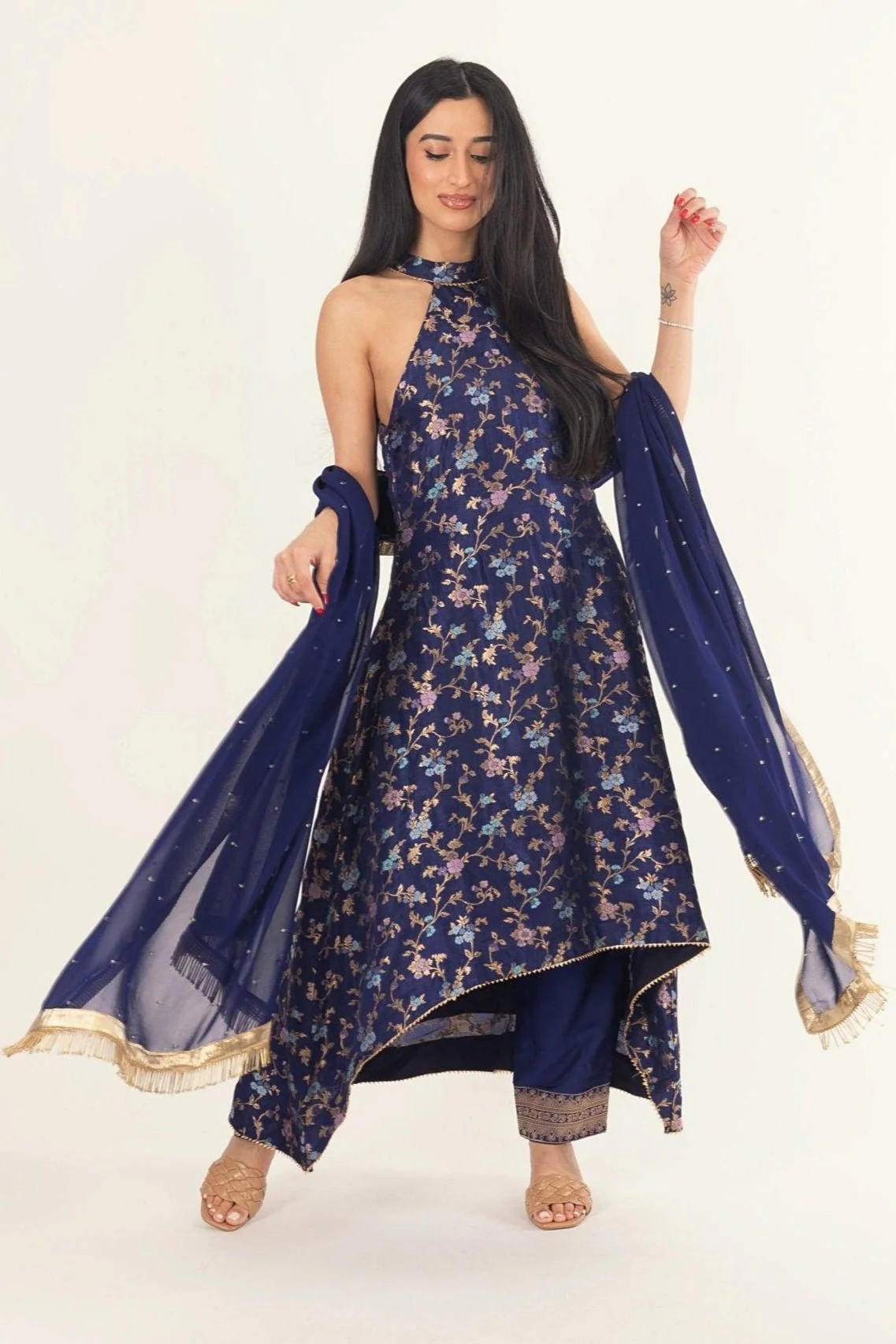 Blue Banarasi Silk Salwar Kameez Set with Halter Neck - Image 6