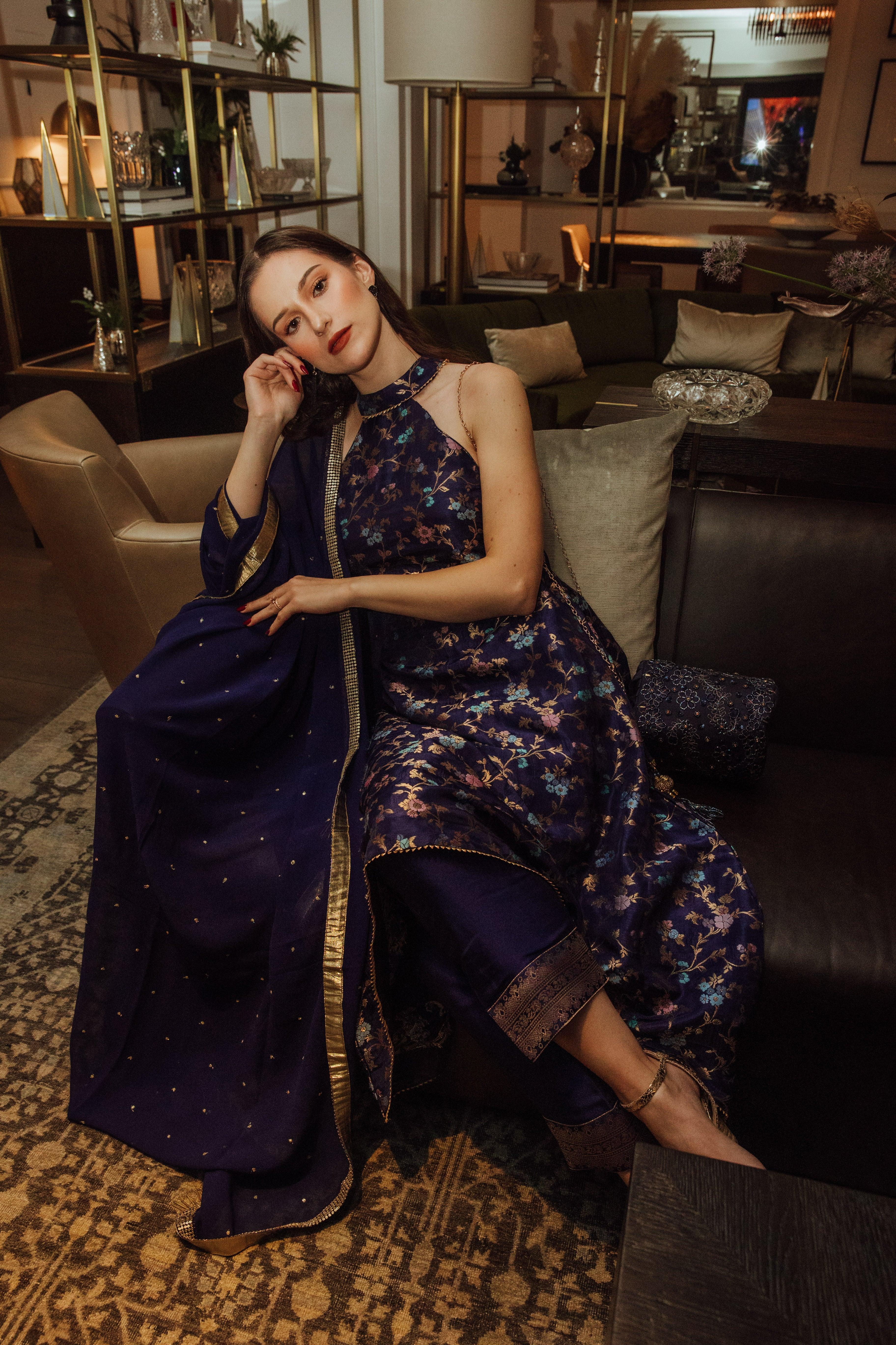 Blue Banarasi Silk Salwar Kameez Set with Halter Neck - Image 7