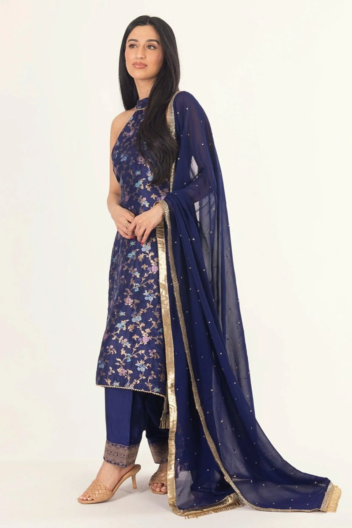 Blue Banarasi Silk Salwar Kameez Set with Halter Neck - Image 8