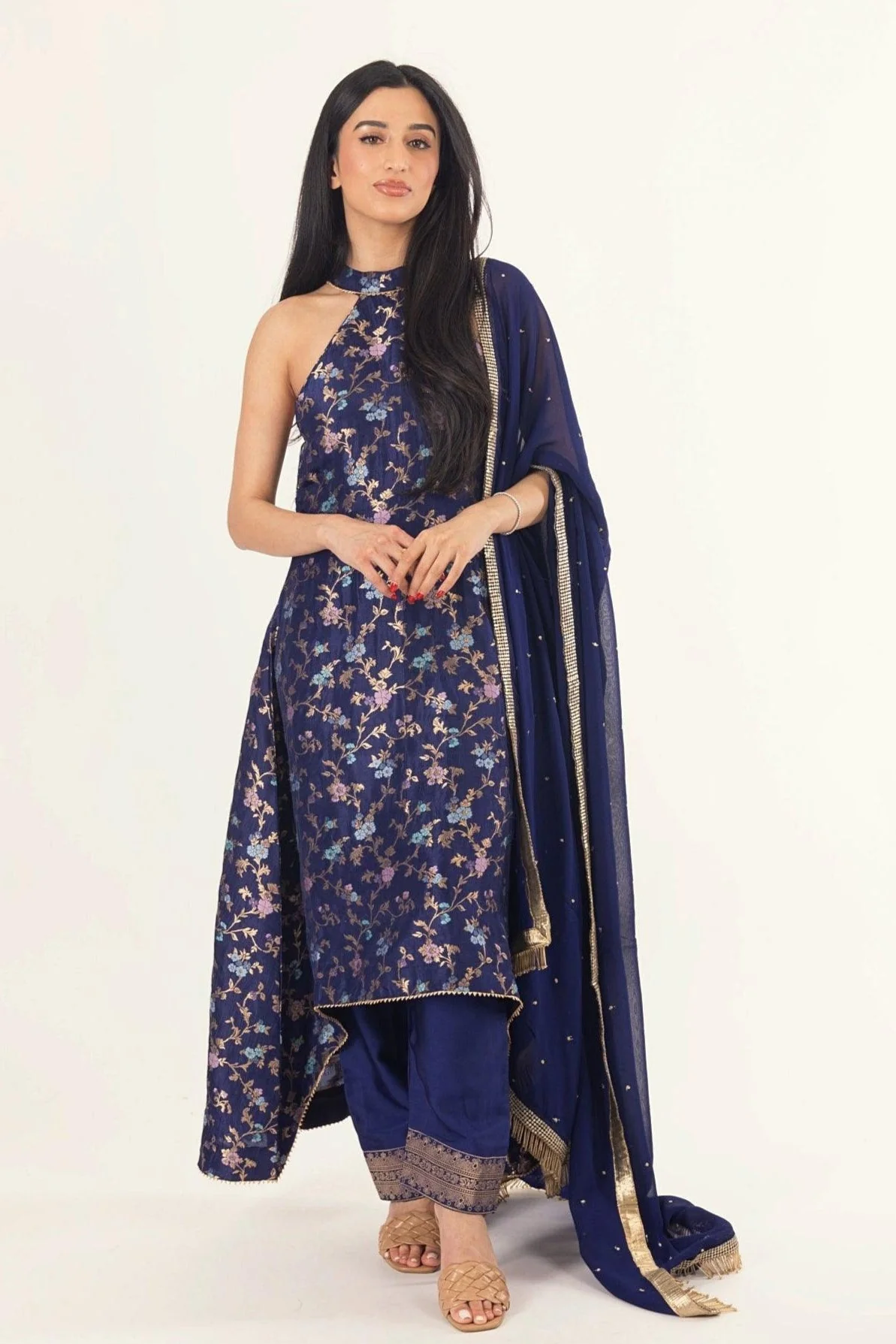 Blue Banarasi Silk Salwar Kameez Set with Halter Neck - Image 9