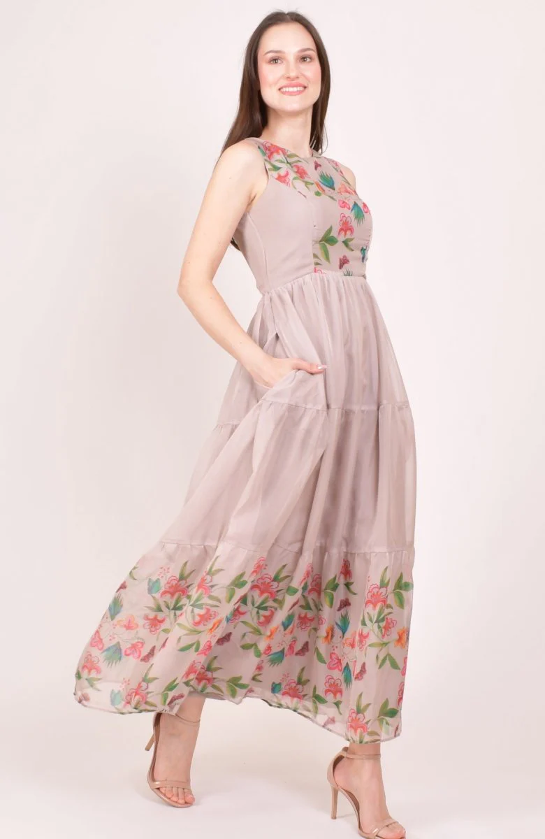 Blush Floral Printed Organza Tiered Maxi Dress - Image 4