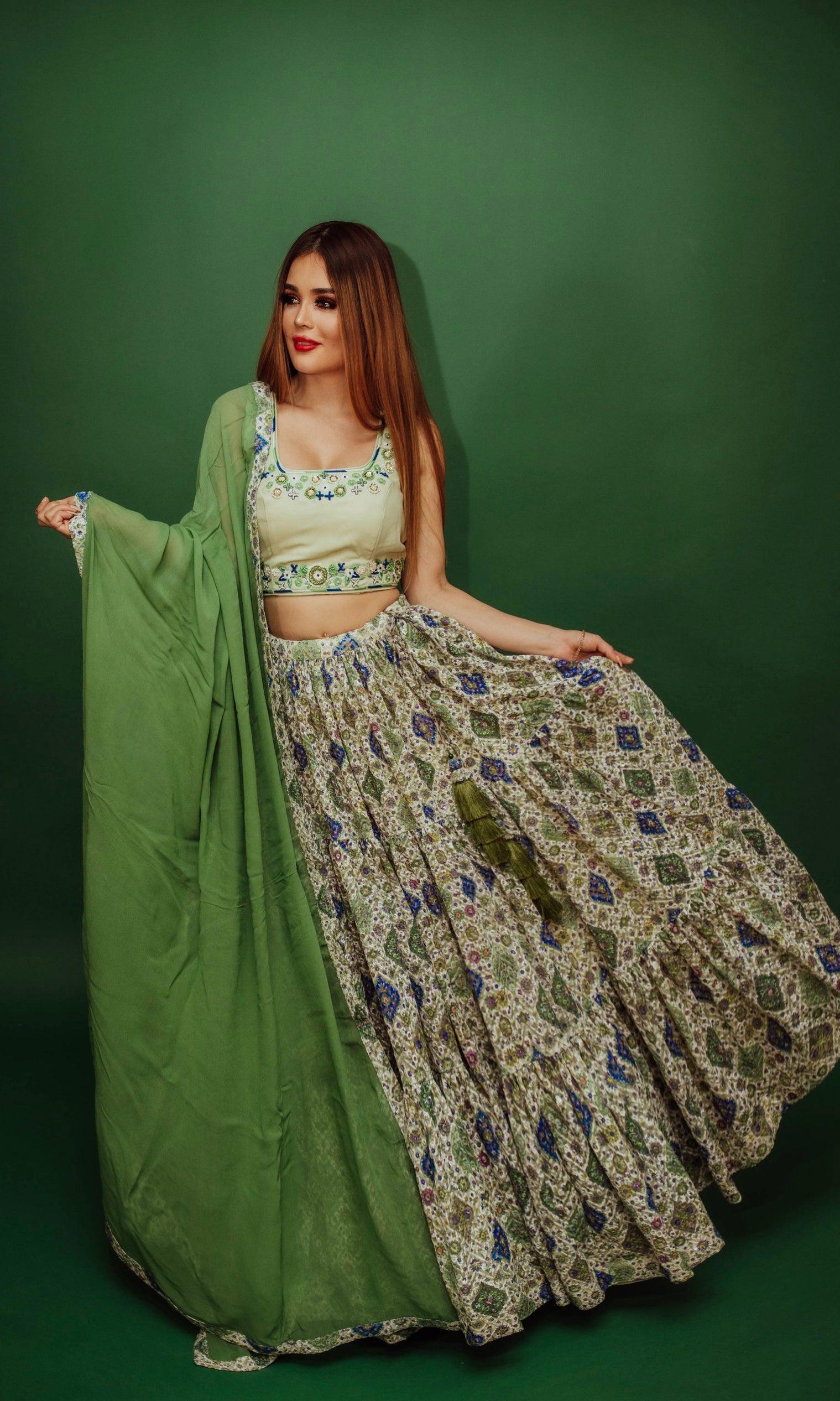 Green Sequin Print Lehenga Choli Set