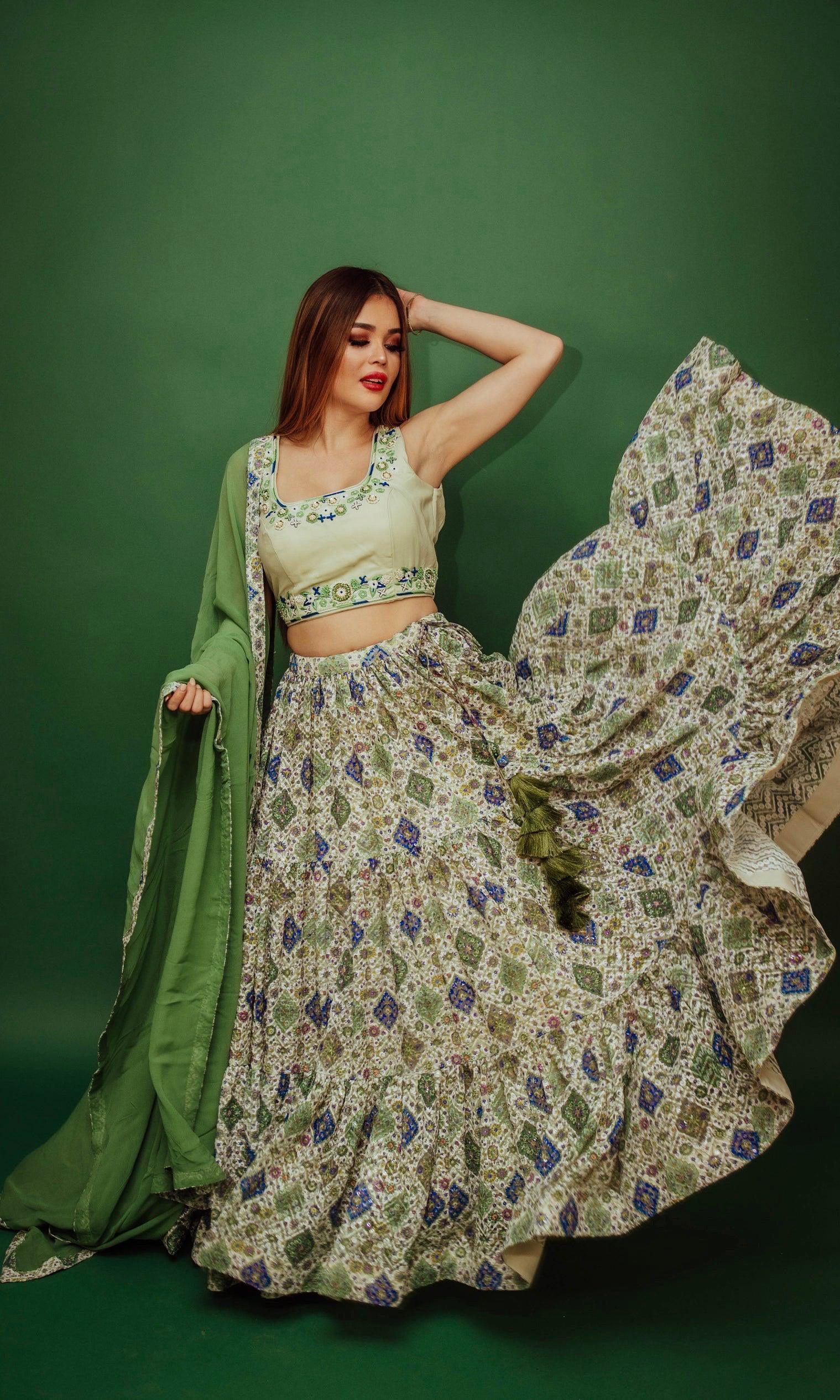 Green Sequin Print Lehenga Choli Set - Image 3