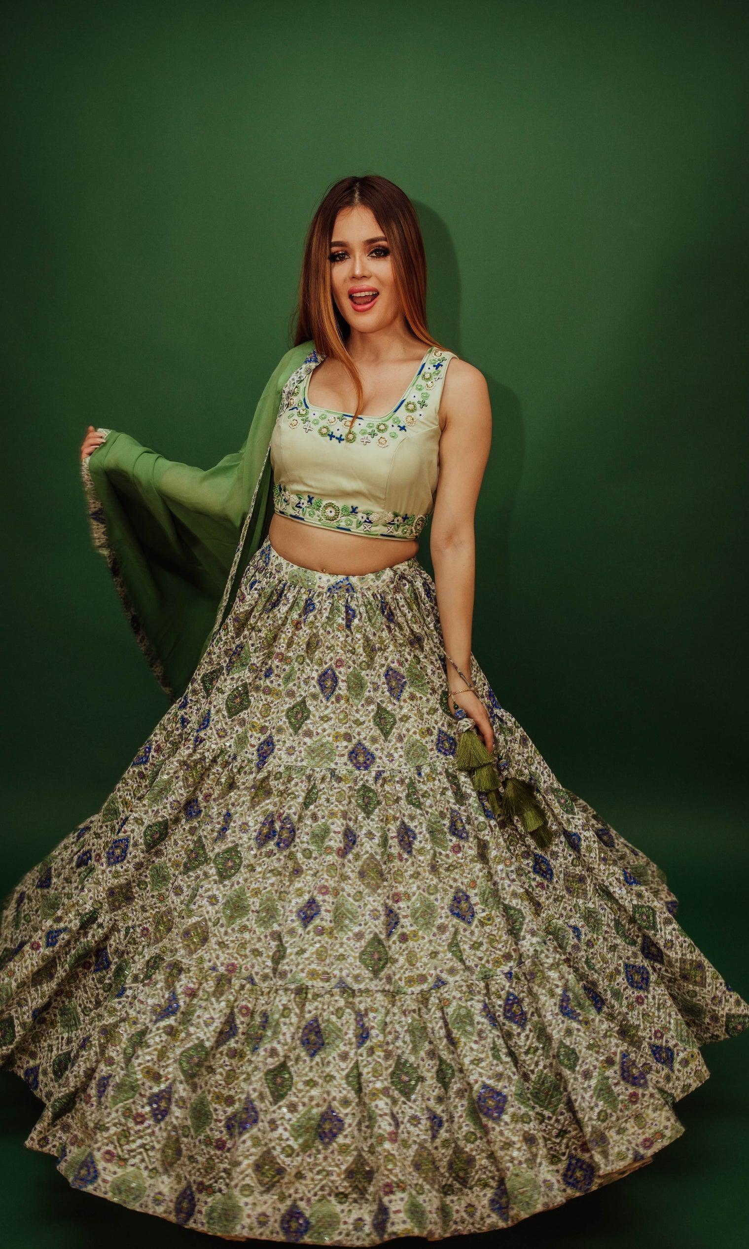 Green Sequin Print Lehenga Choli Set - Image 4