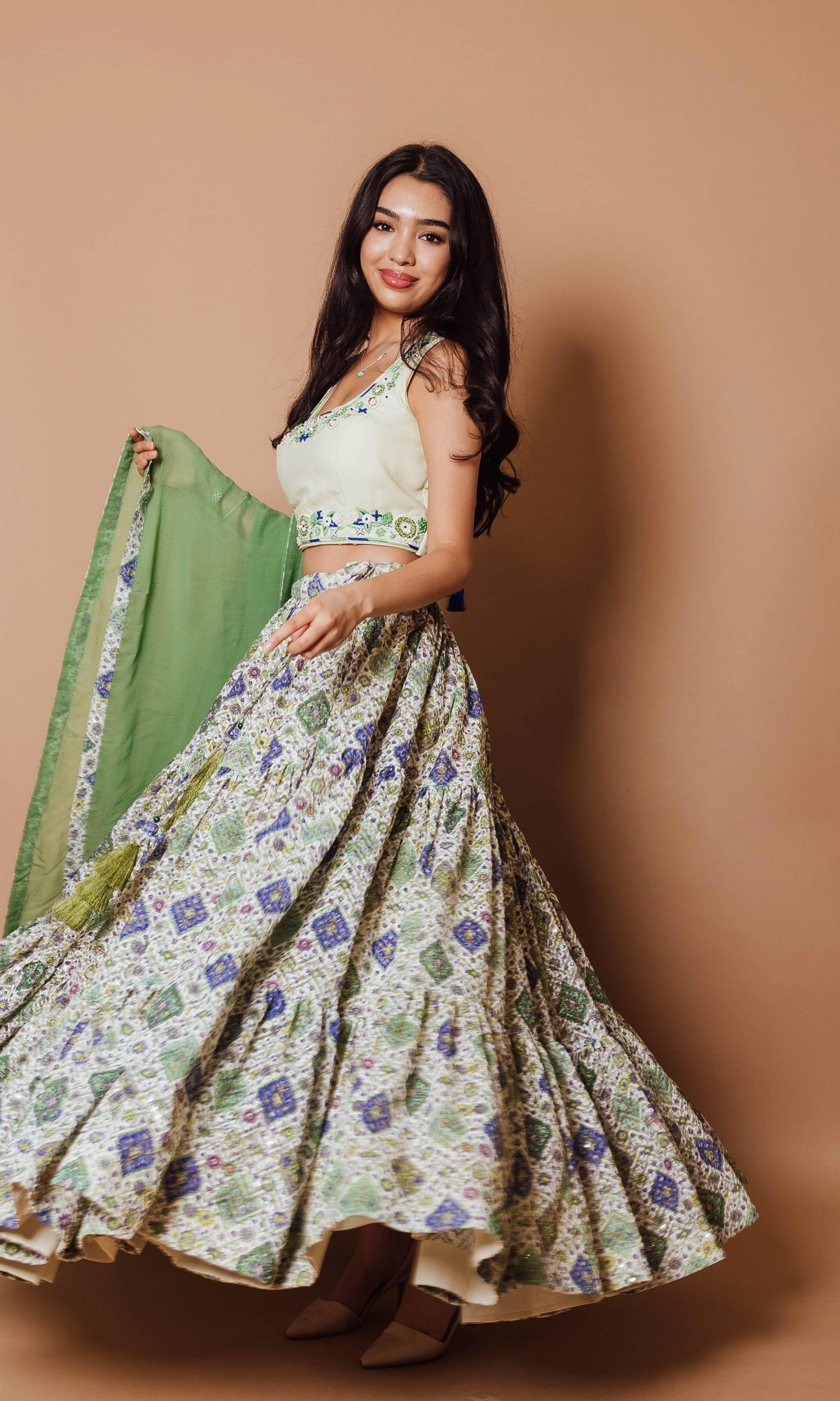 Green Sequin Print Lehenga Choli Set - Image 5