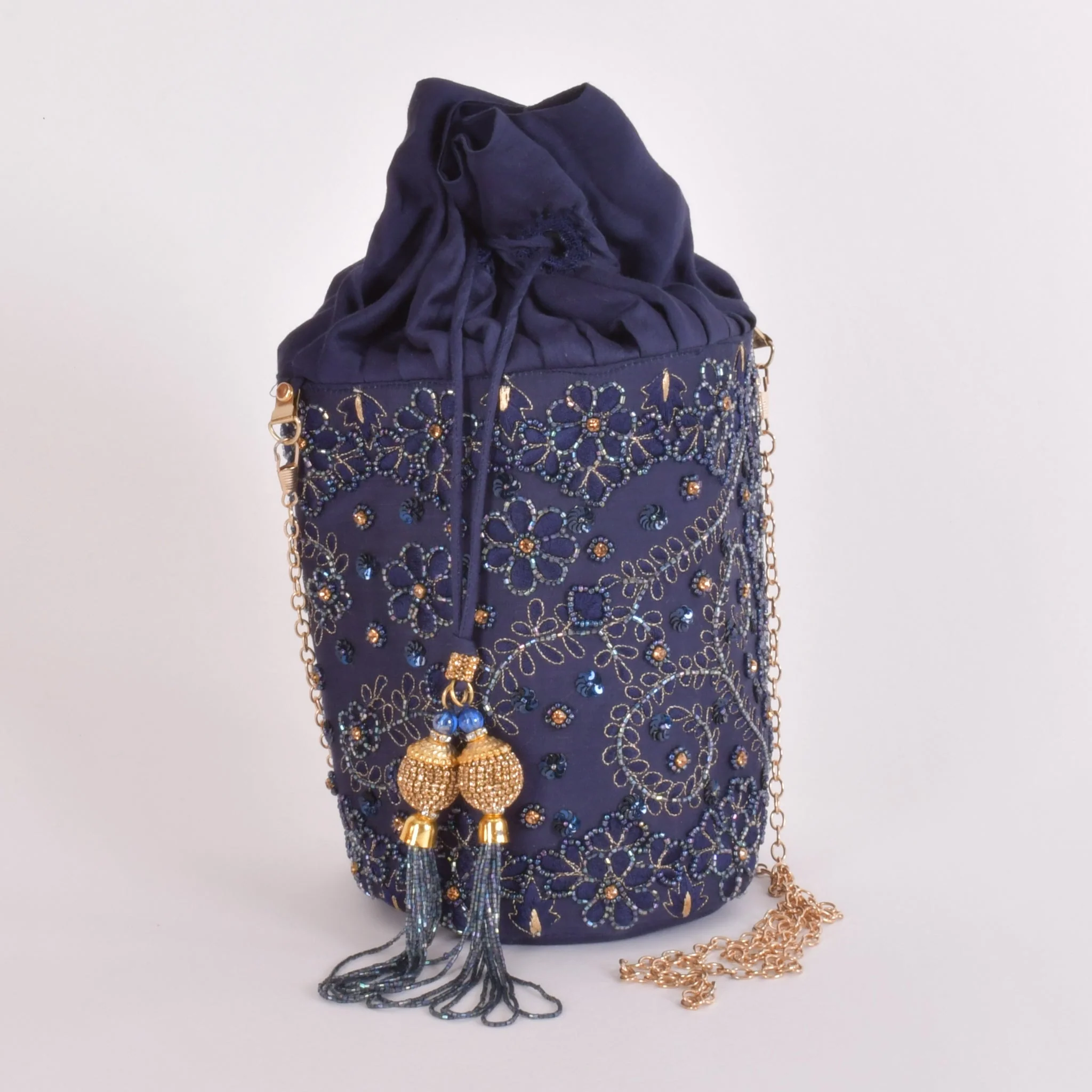 June Blue & Gold Embroidered Bucket Bag - Image 2