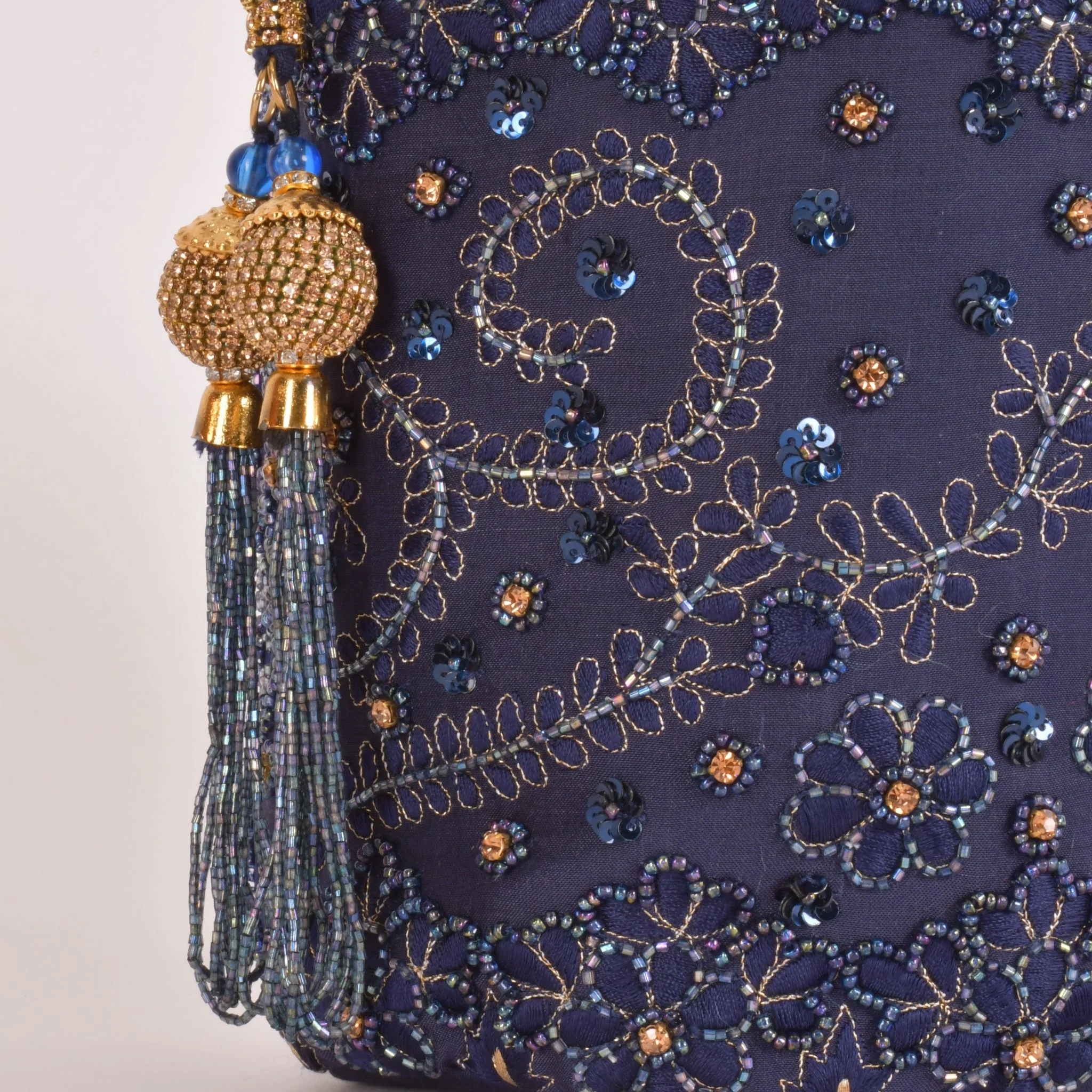 June Blue & Gold Embroidered Bucket Bag - Image 4