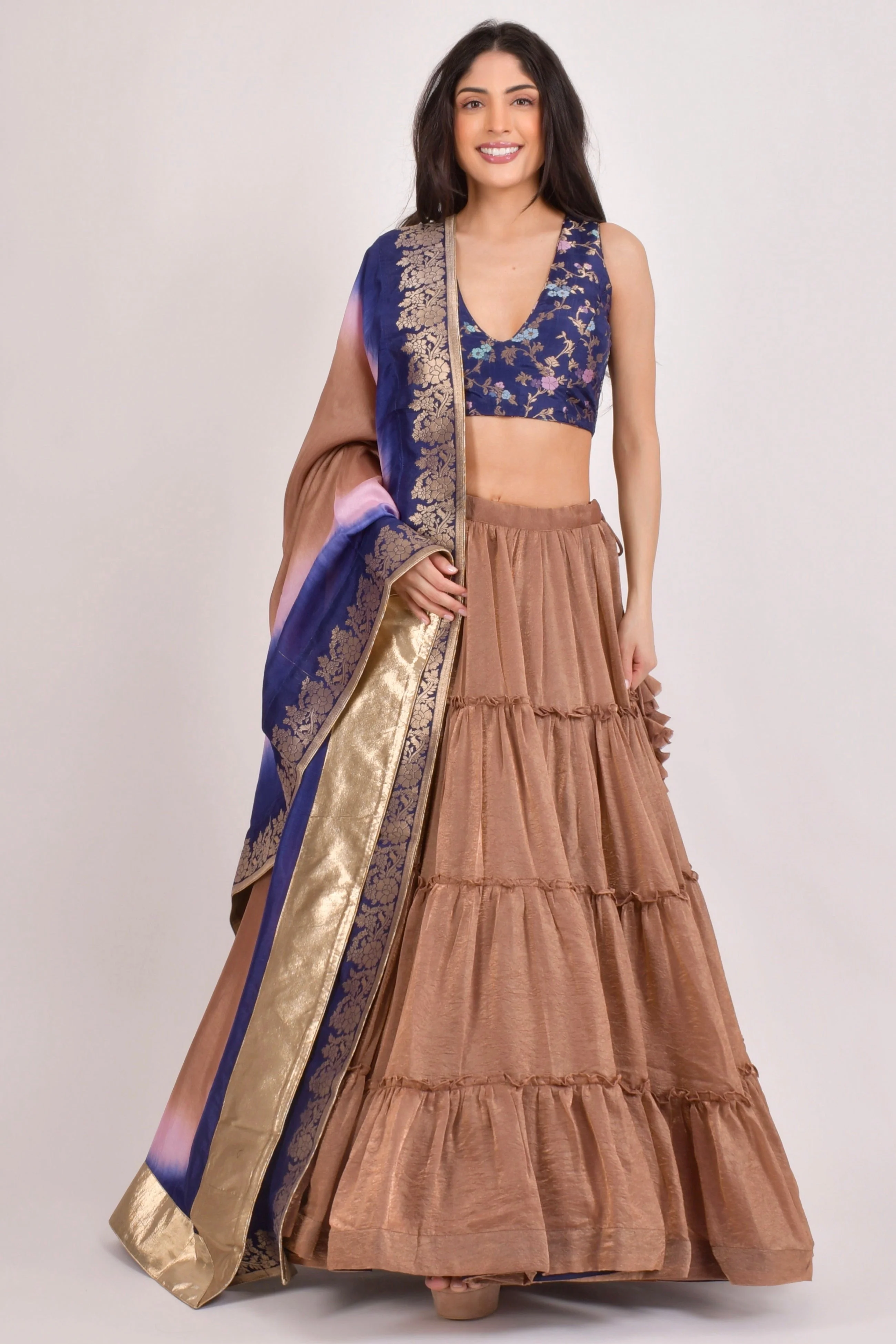 Brownish Gold Tiered Lehenga Choli Set - Image 4