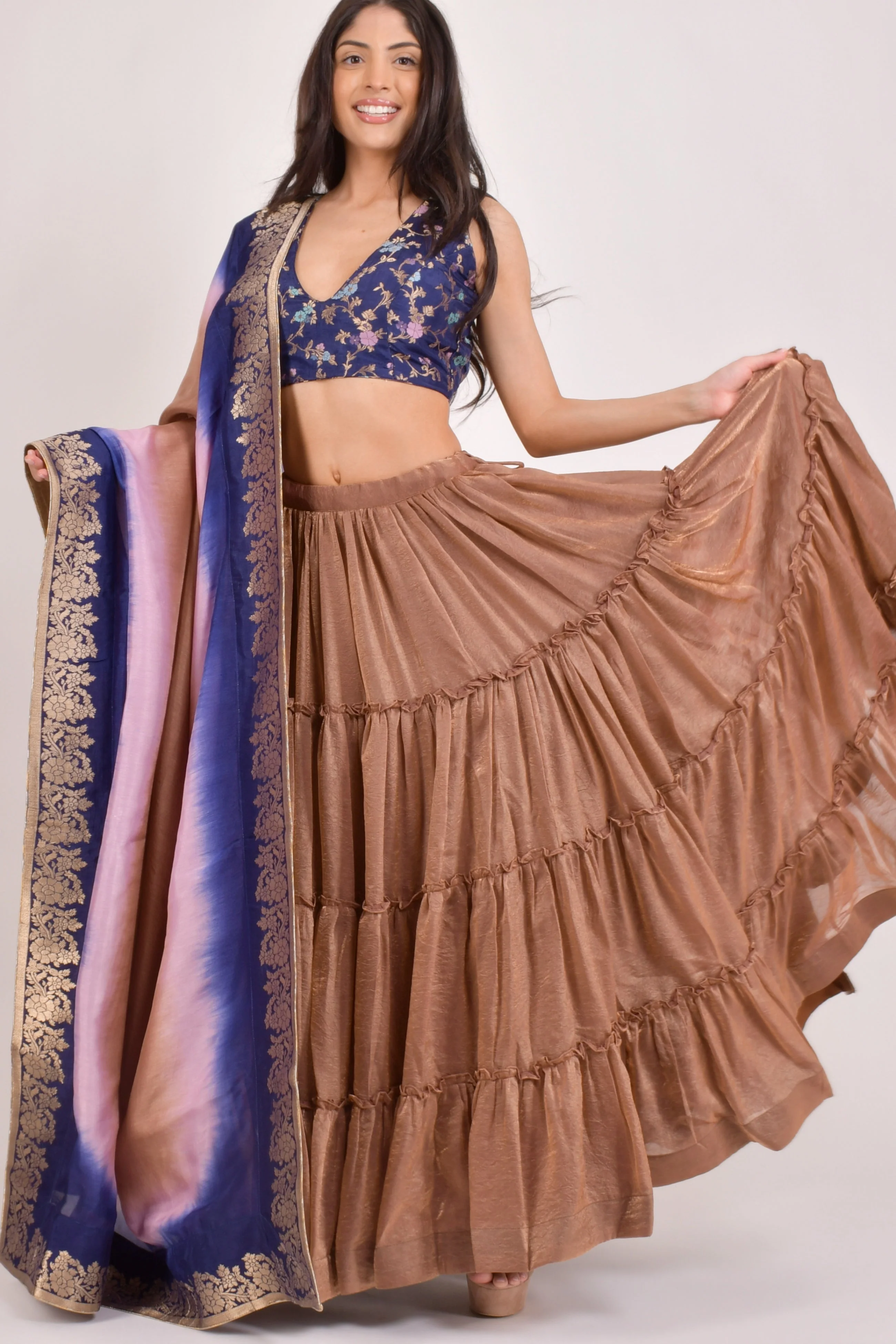 Brownish Gold Tiered Lehenga Choli Set - Image 6