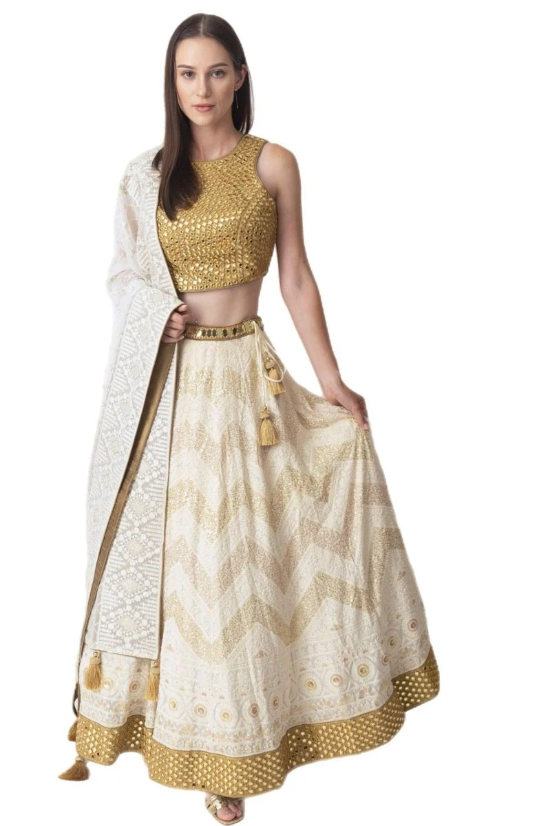 Off White Lehenga Choli with Mirror work - Image 4