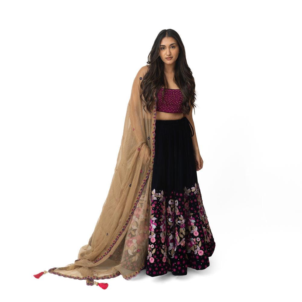 Velvet Lehenga with Floral Resham Embroidery - Image 3