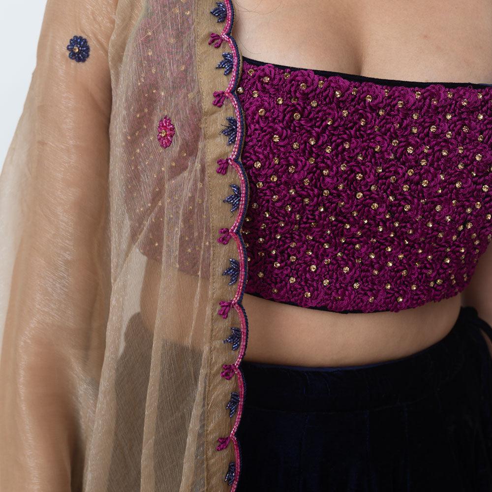 Velvet Lehenga with Floral Resham Embroidery - Image 4