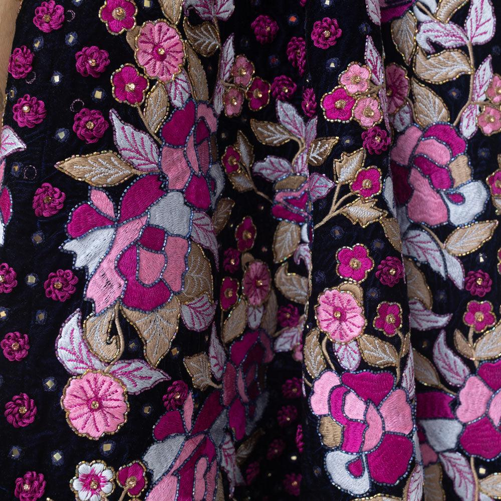 Velvet Lehenga with Floral Resham Embroidery - Image 5