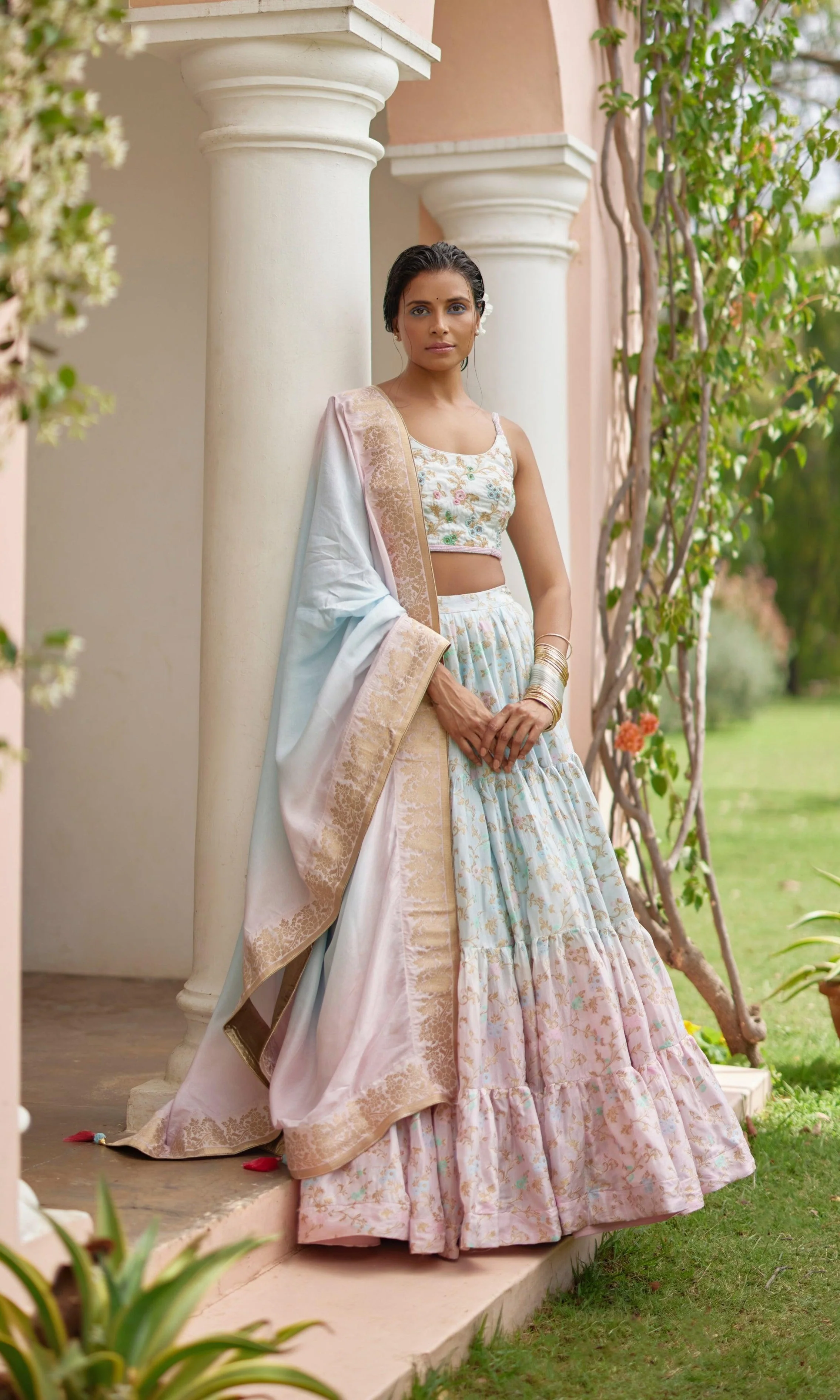 Banarasi Silk Tie Dye Lehenga with Hand Embroidered Blouse
