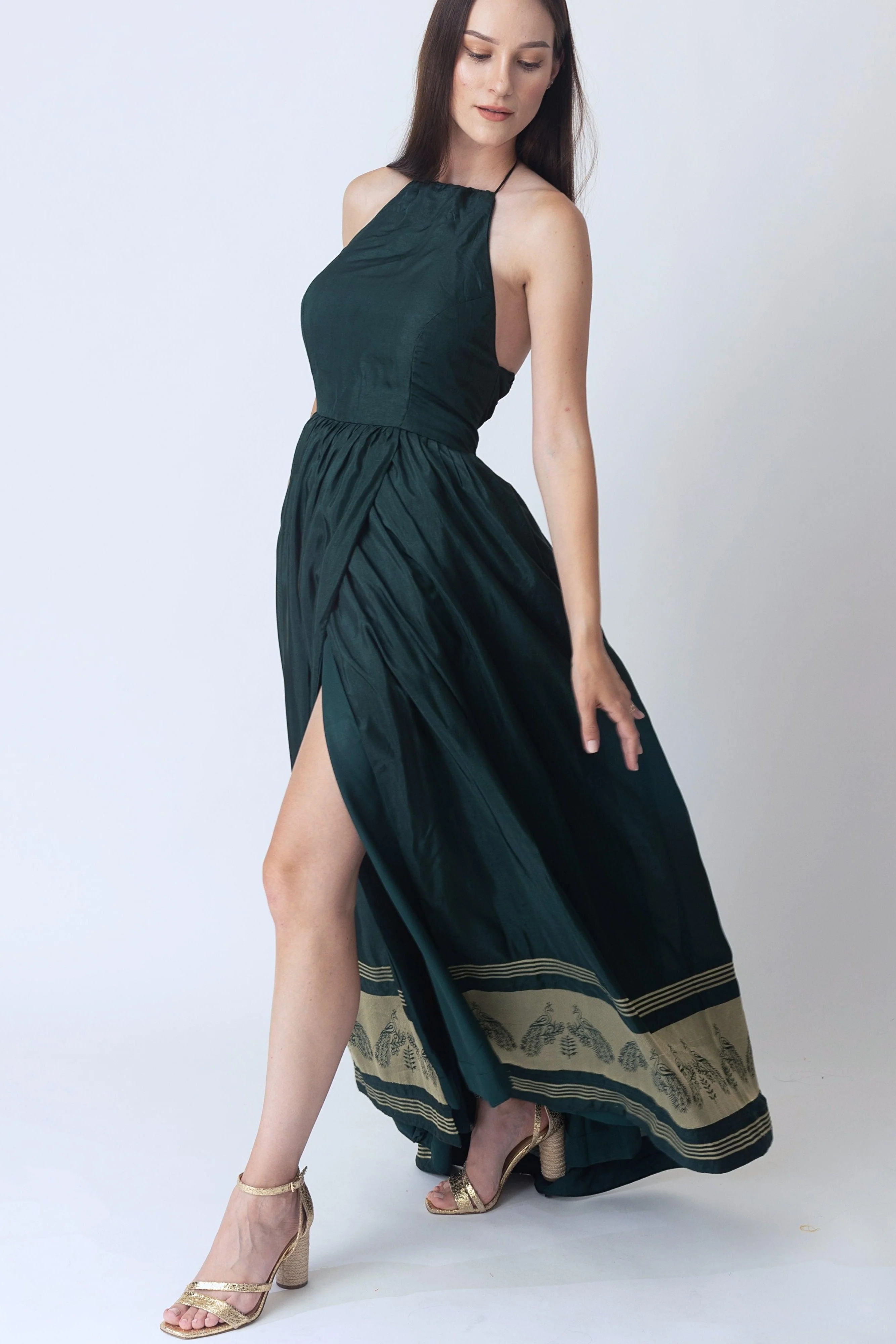 Green Dress with Jacquard Hem - Image 4