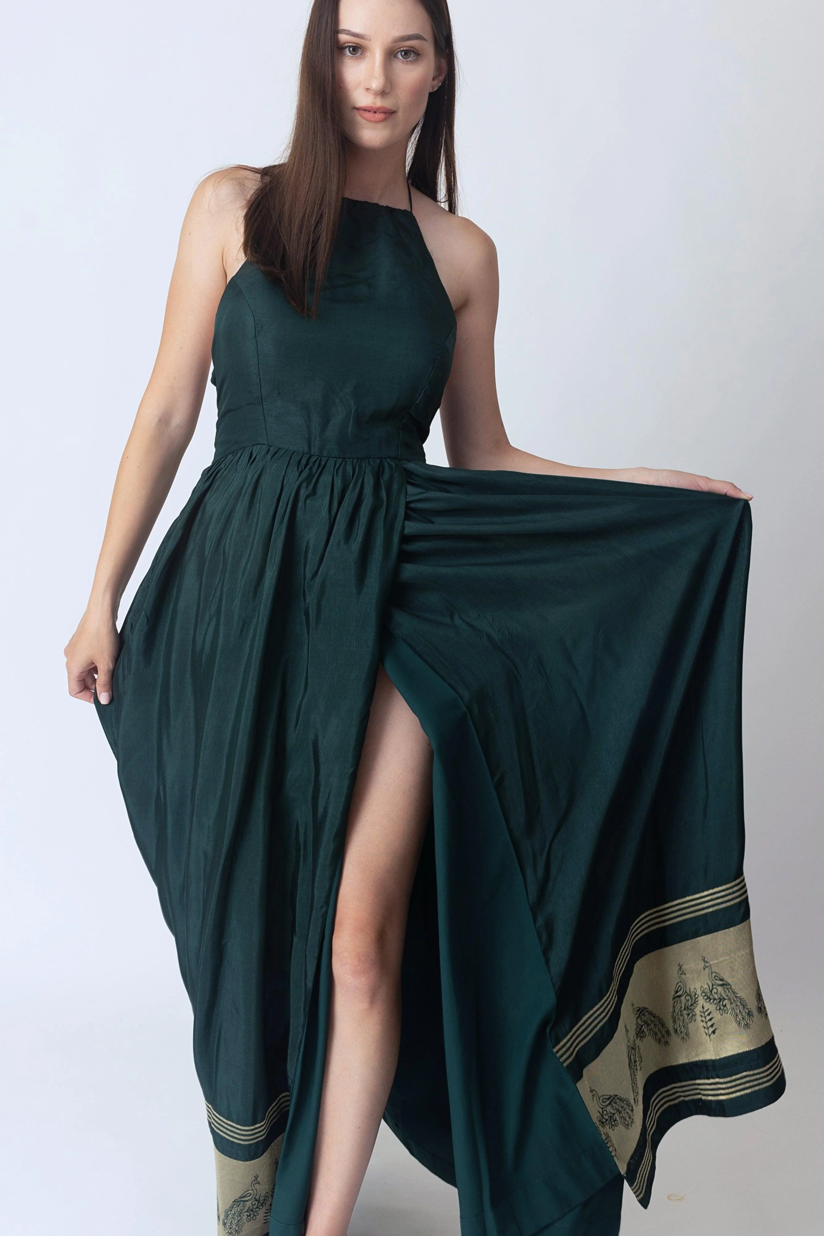 Green Dress with Jacquard Hem - Image 5