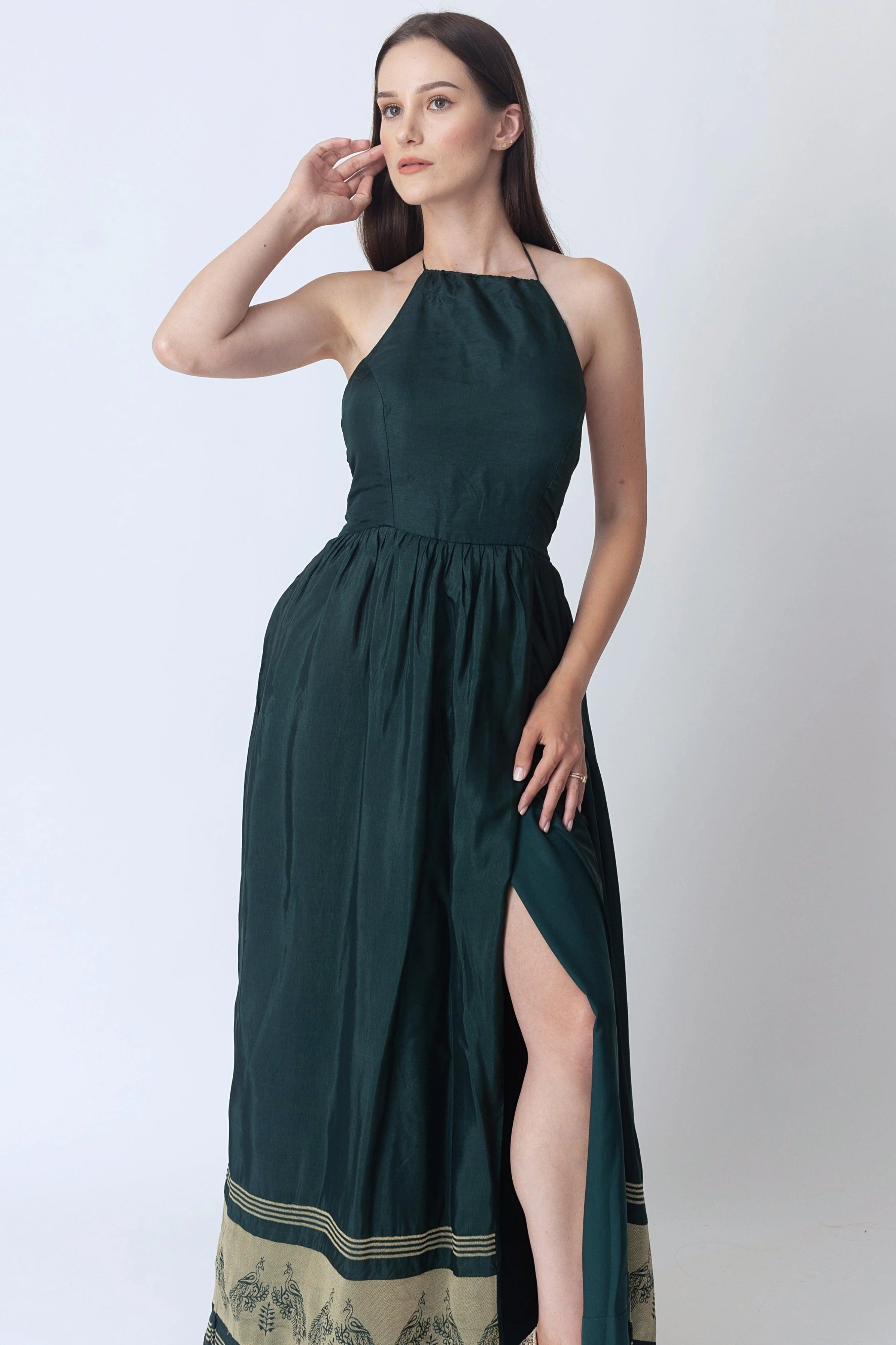 Green Dress with Jacquard Hem - Image 6