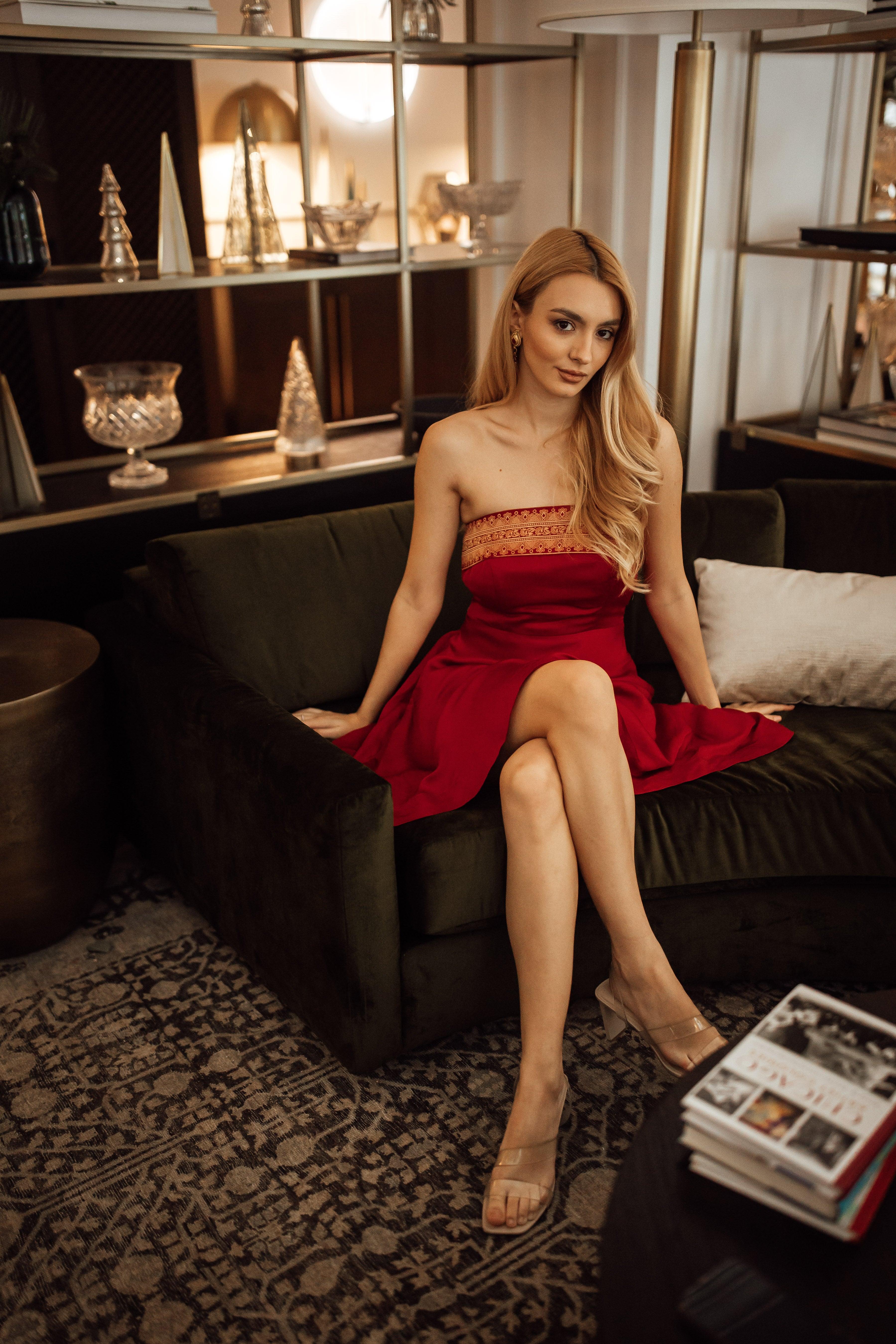 Red Strapless Dress with Jacquard Weaving