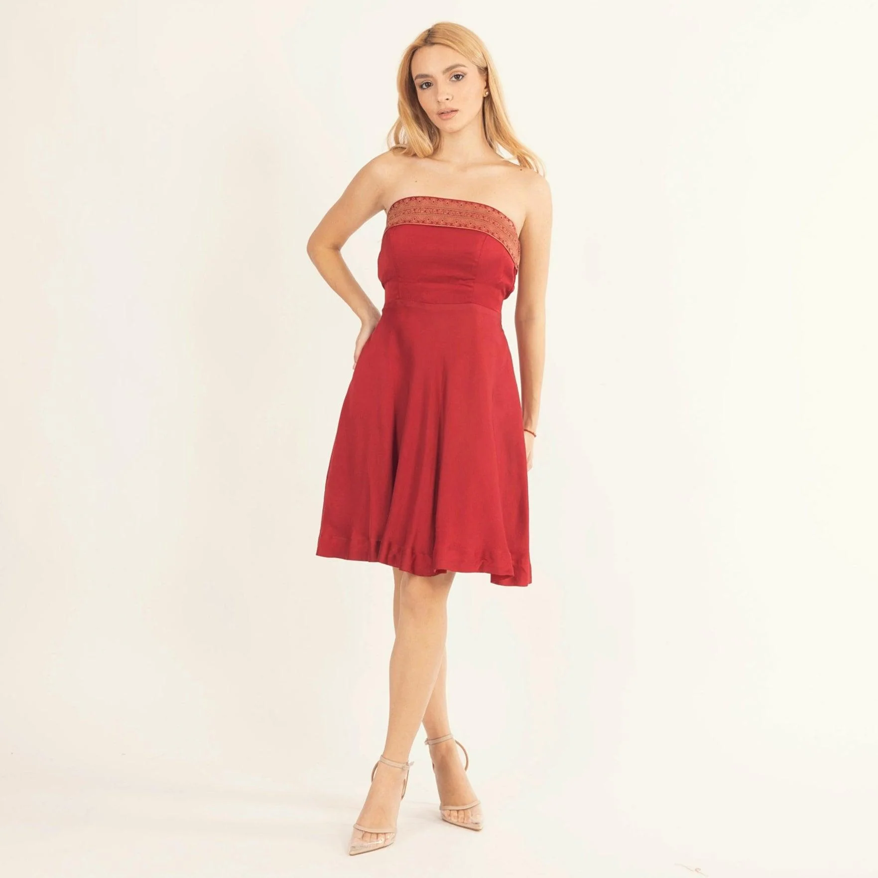Red Strapless Dress with Jacquard Weaving - Image 2