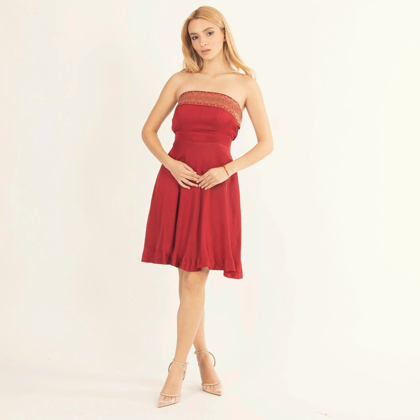 Red Strapless Dress with Jacquard Weaving - Image 4