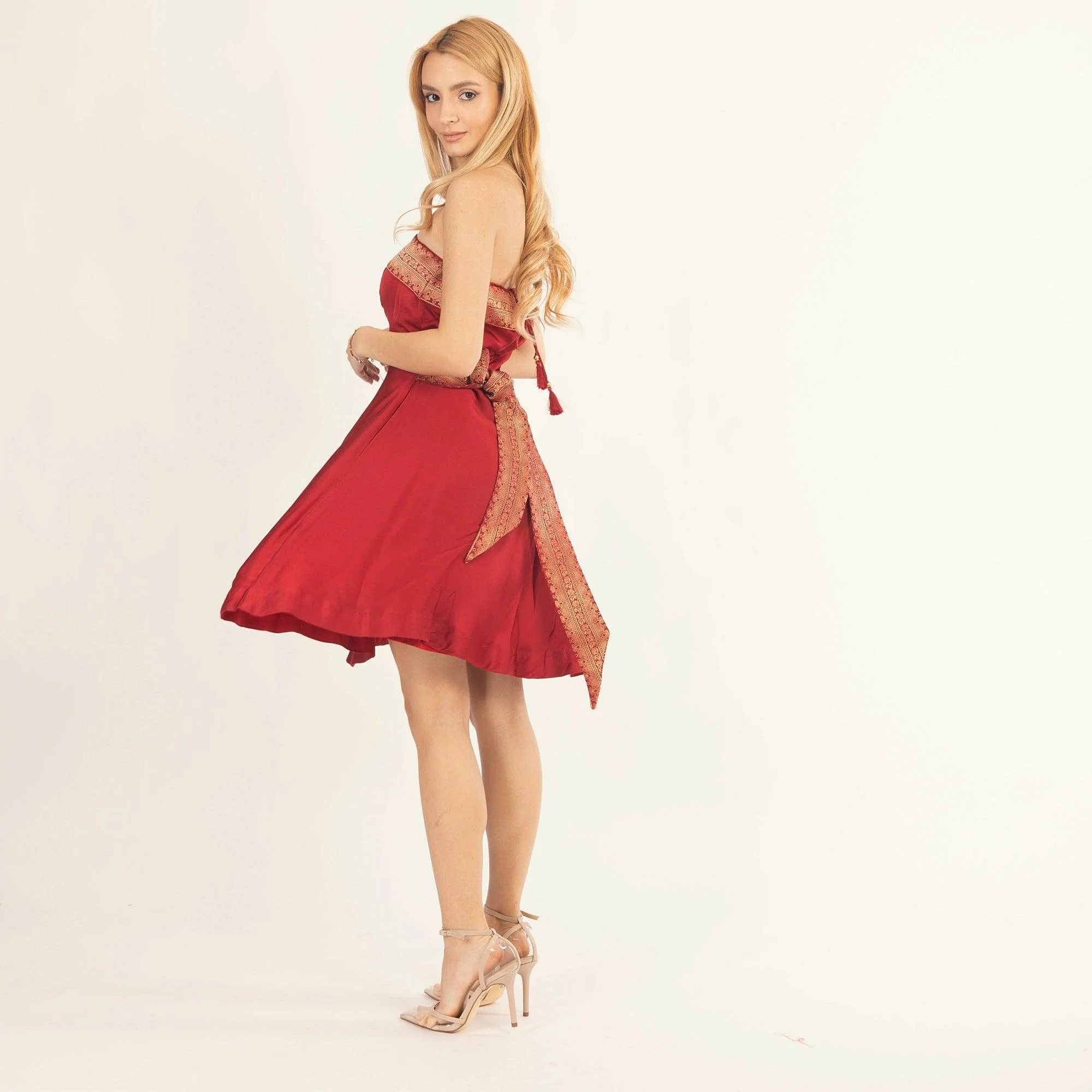 Red Strapless Dress with Jacquard Weaving - Image 6