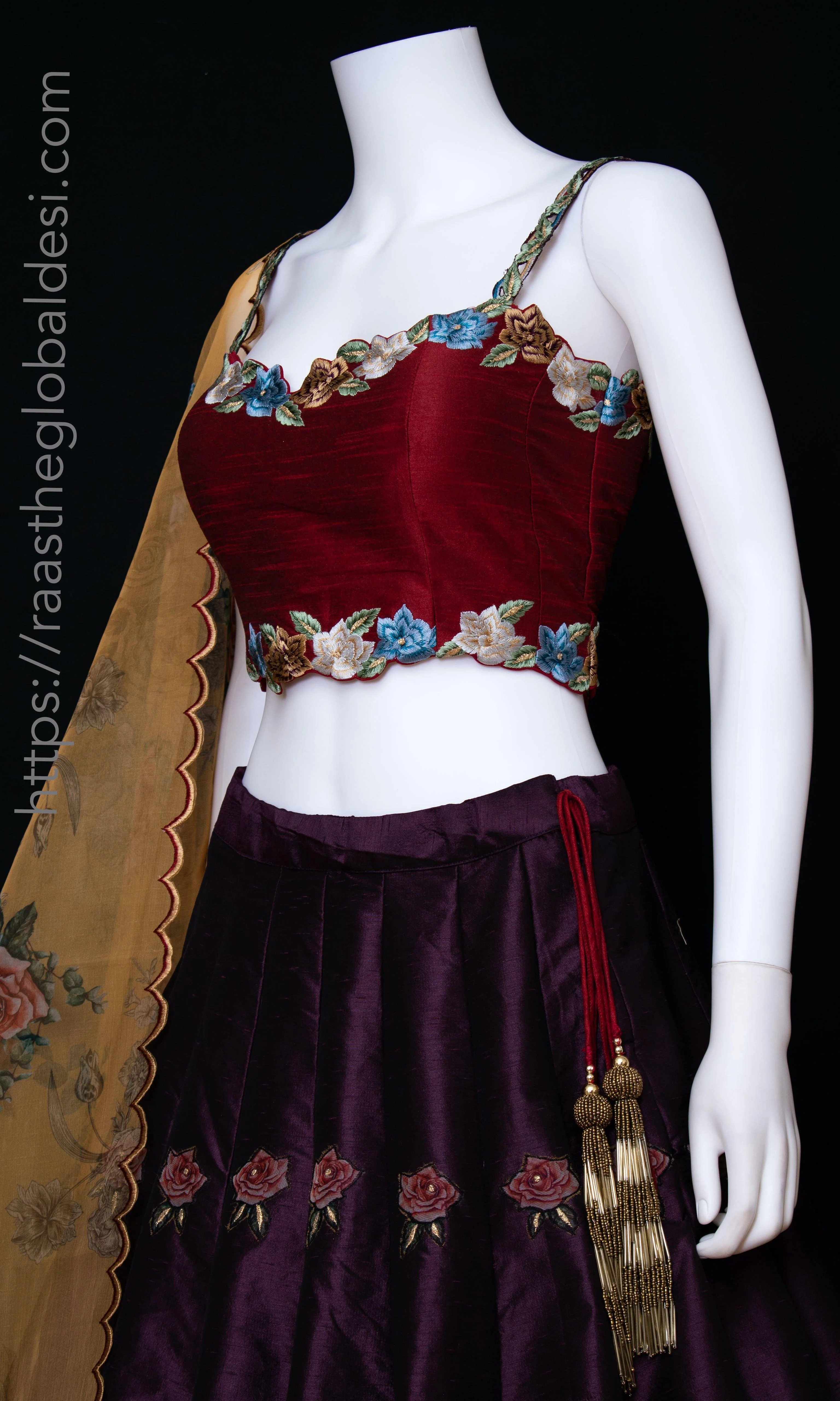 Red and Wine Floral Lehenga Choli Set - Image 6