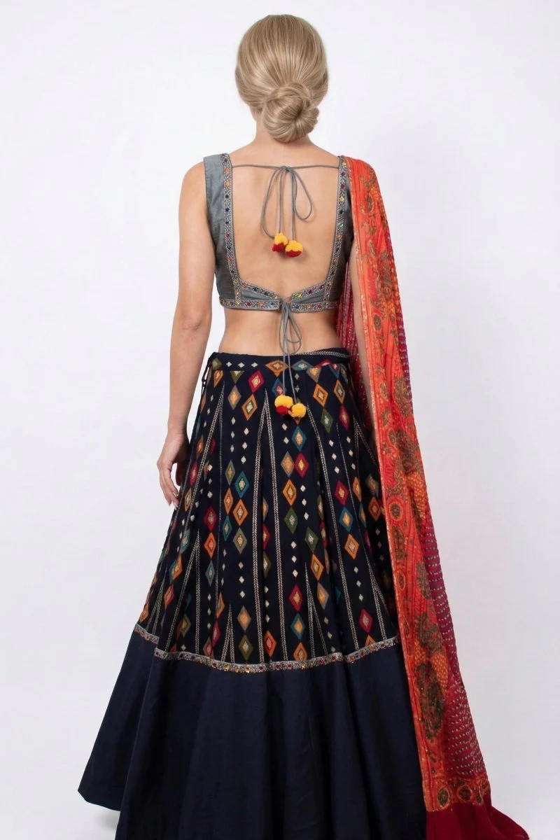 Navy Silk Lehenga Choli Set - Image 4