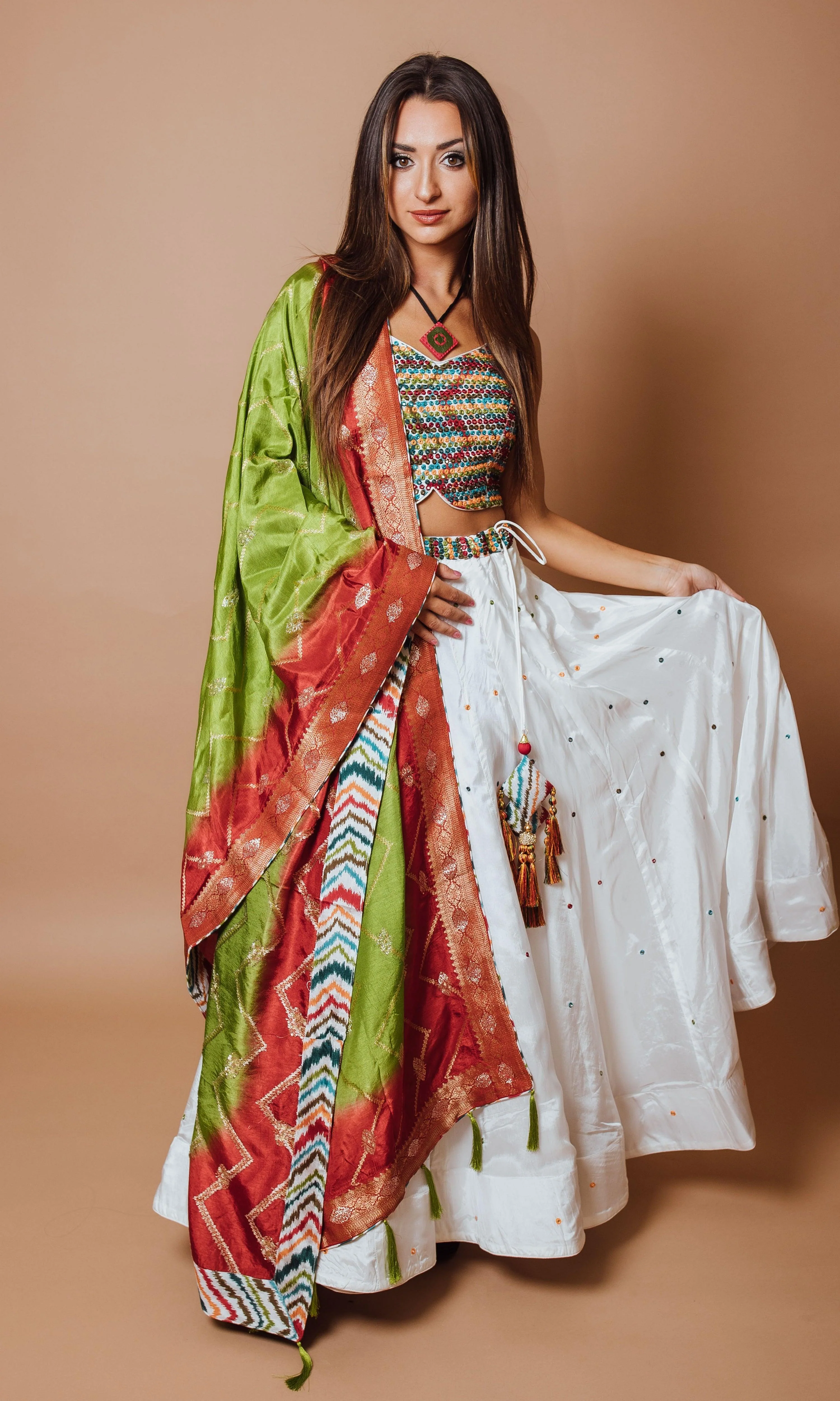 White Chaniya Choli Set with Mirror Work - Image 4