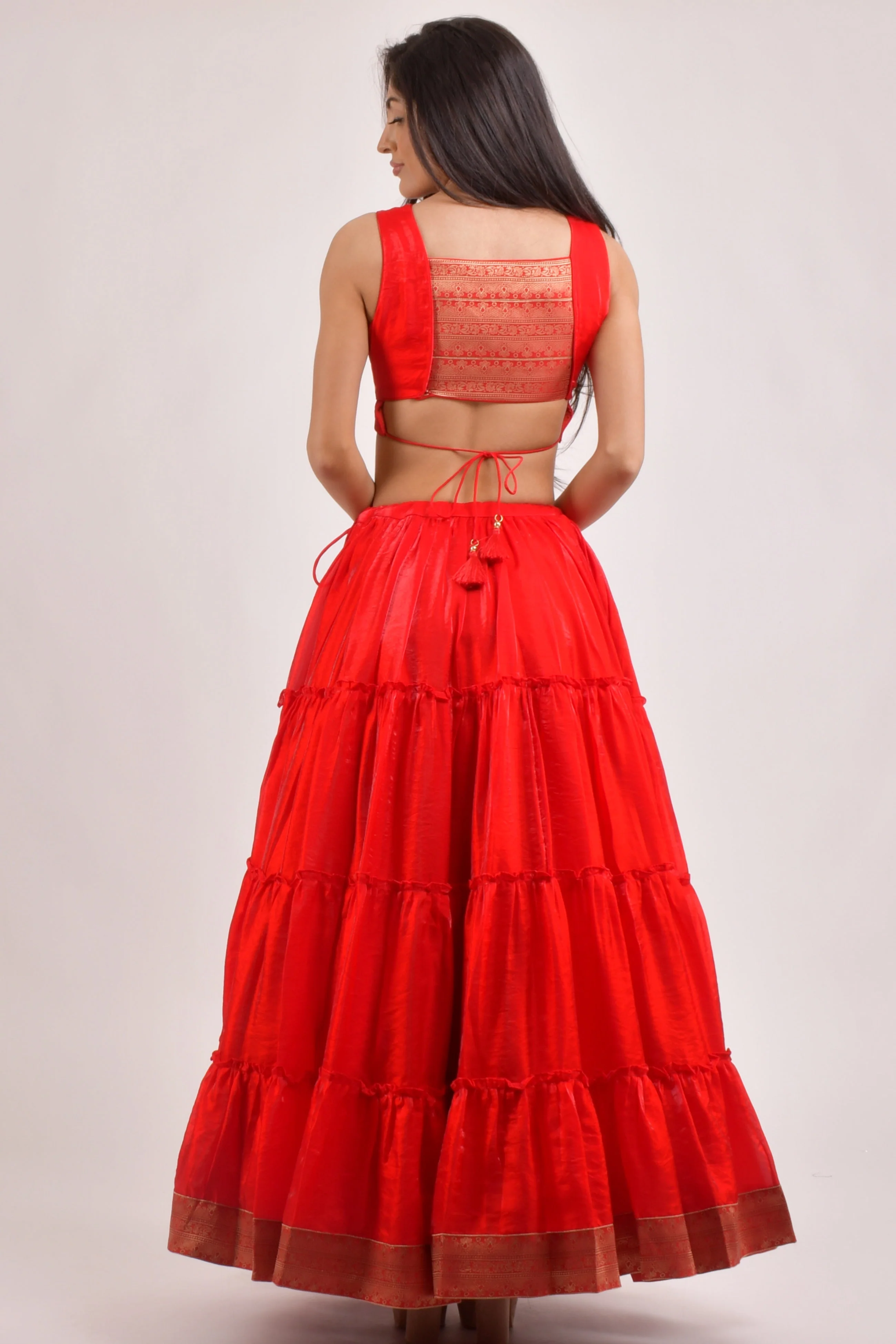 Cherrie Red Tiered Shimmer Lehenga Choli - Image 2