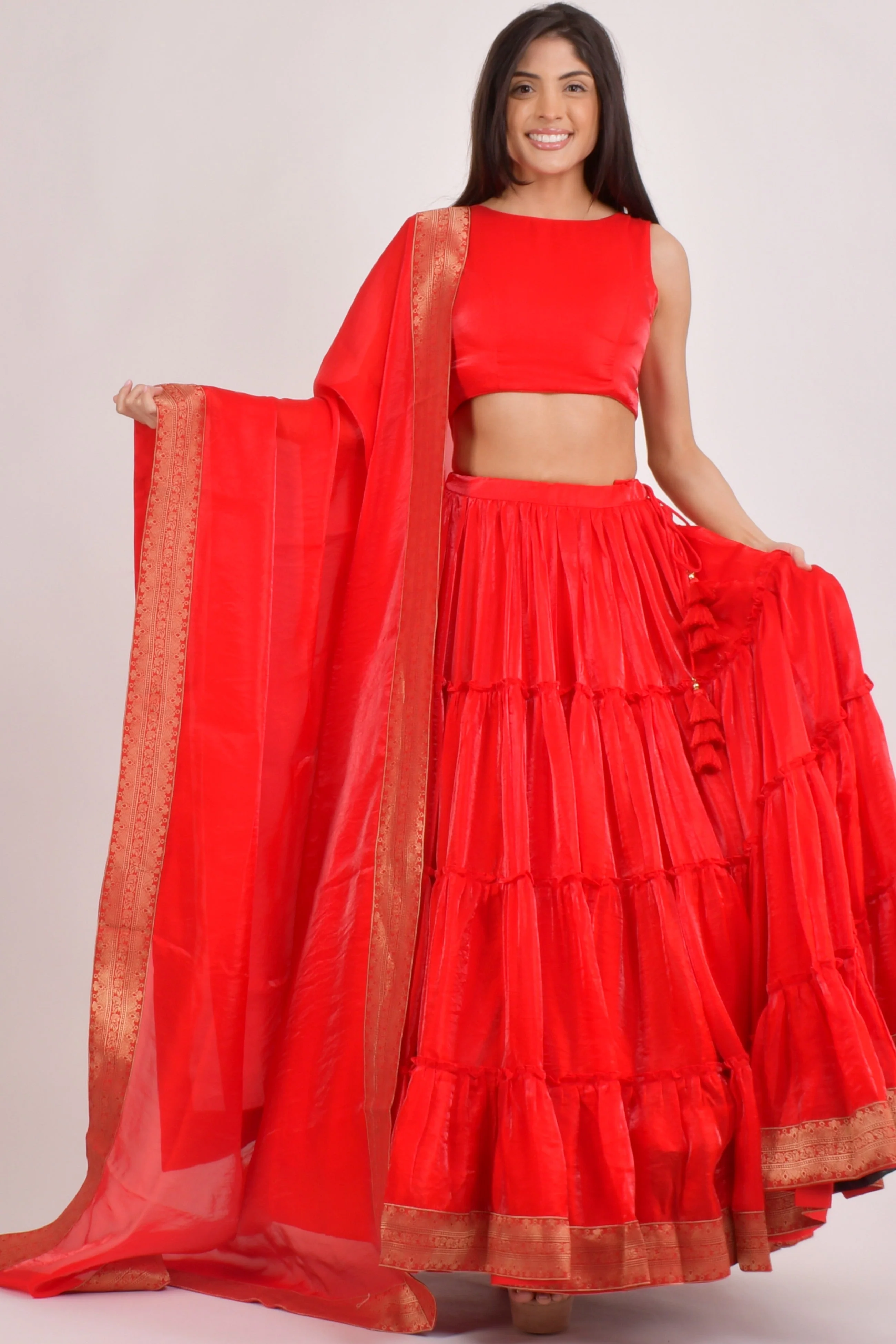 Cherrie Red Tiered Shimmer Lehenga Choli - Image 4