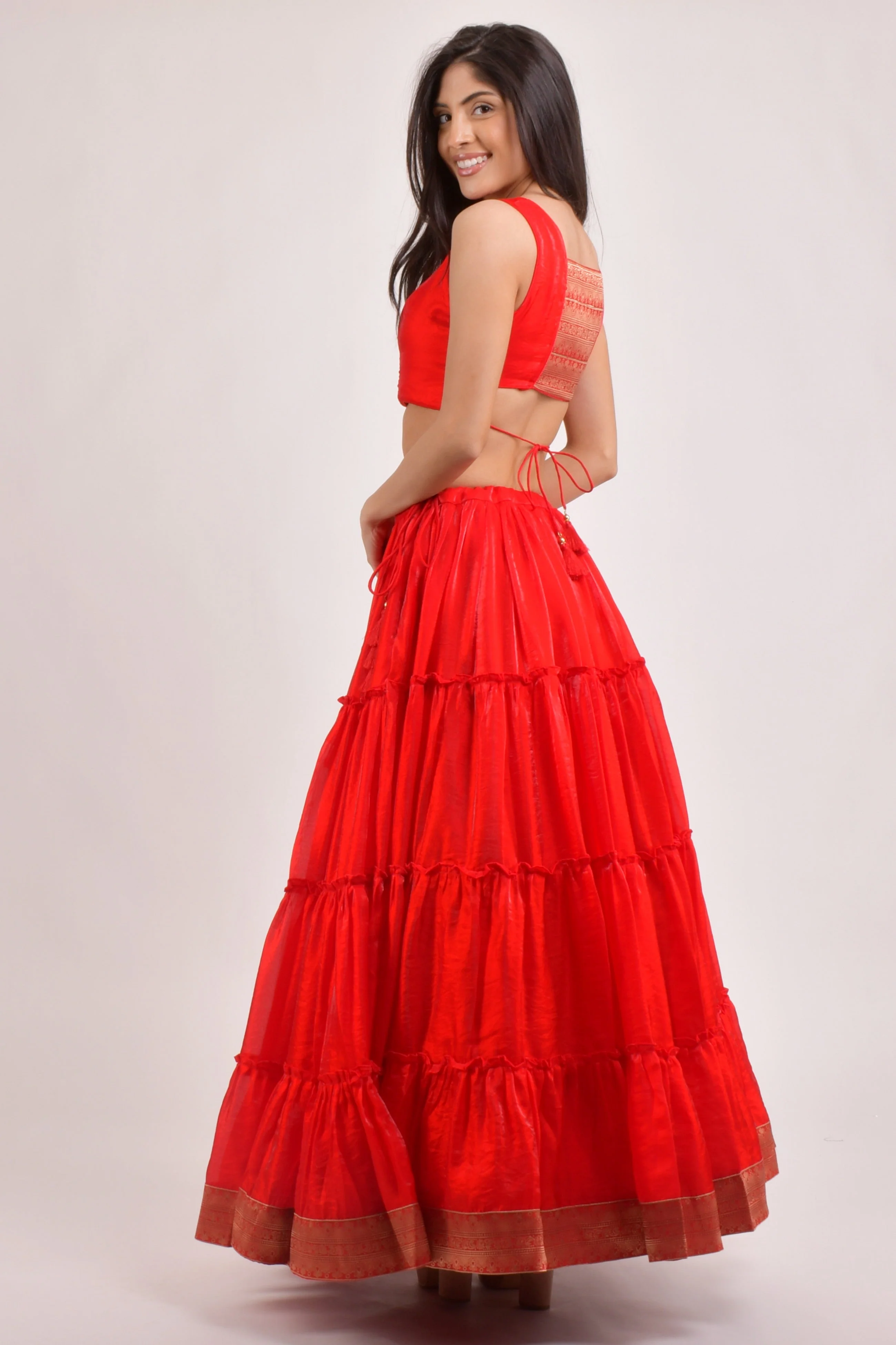 Cherrie Red Tiered Shimmer Lehenga Choli - Image 6