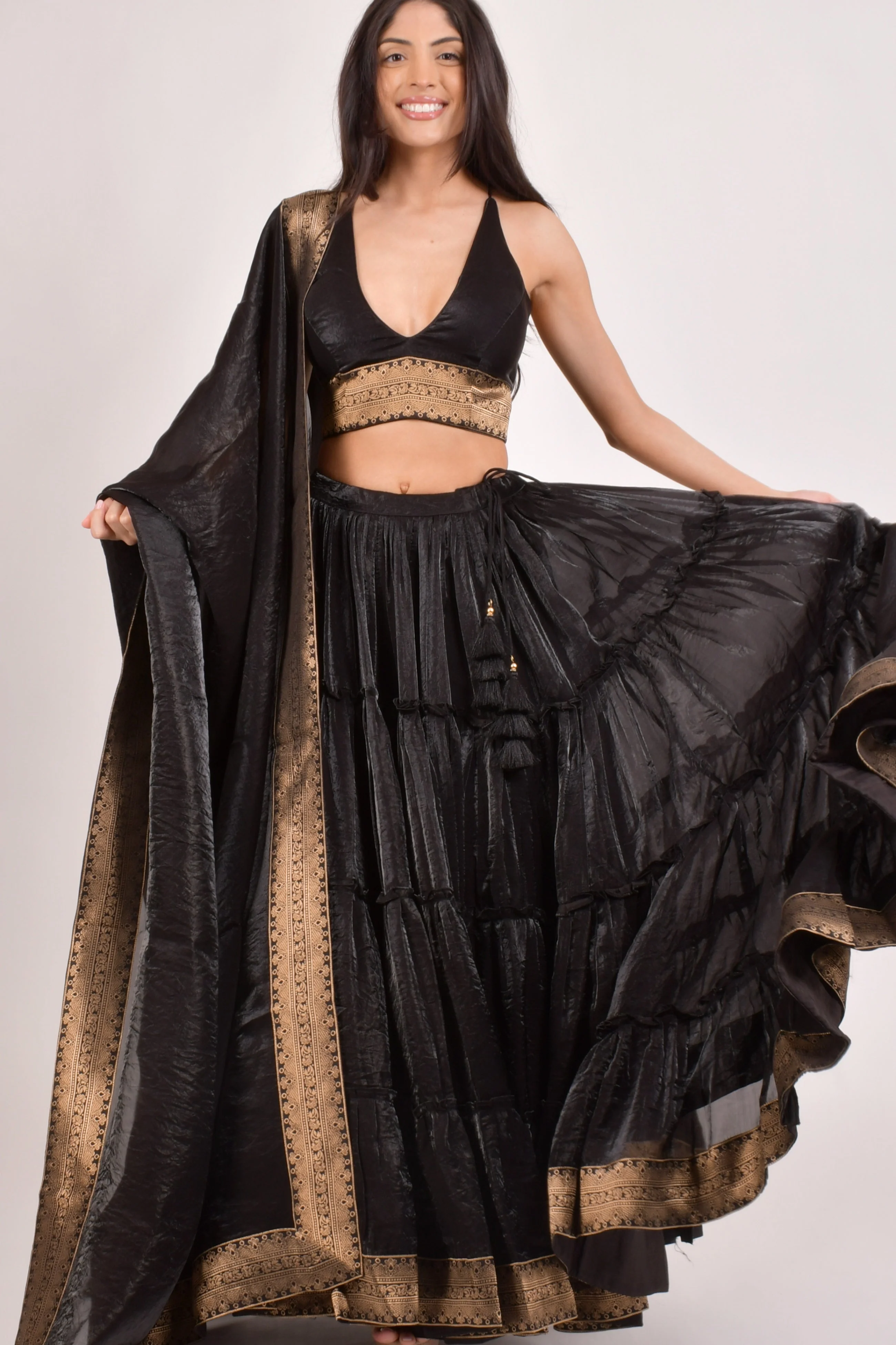Black V-Neck Tiered Lehenga Choli Set - Image 3