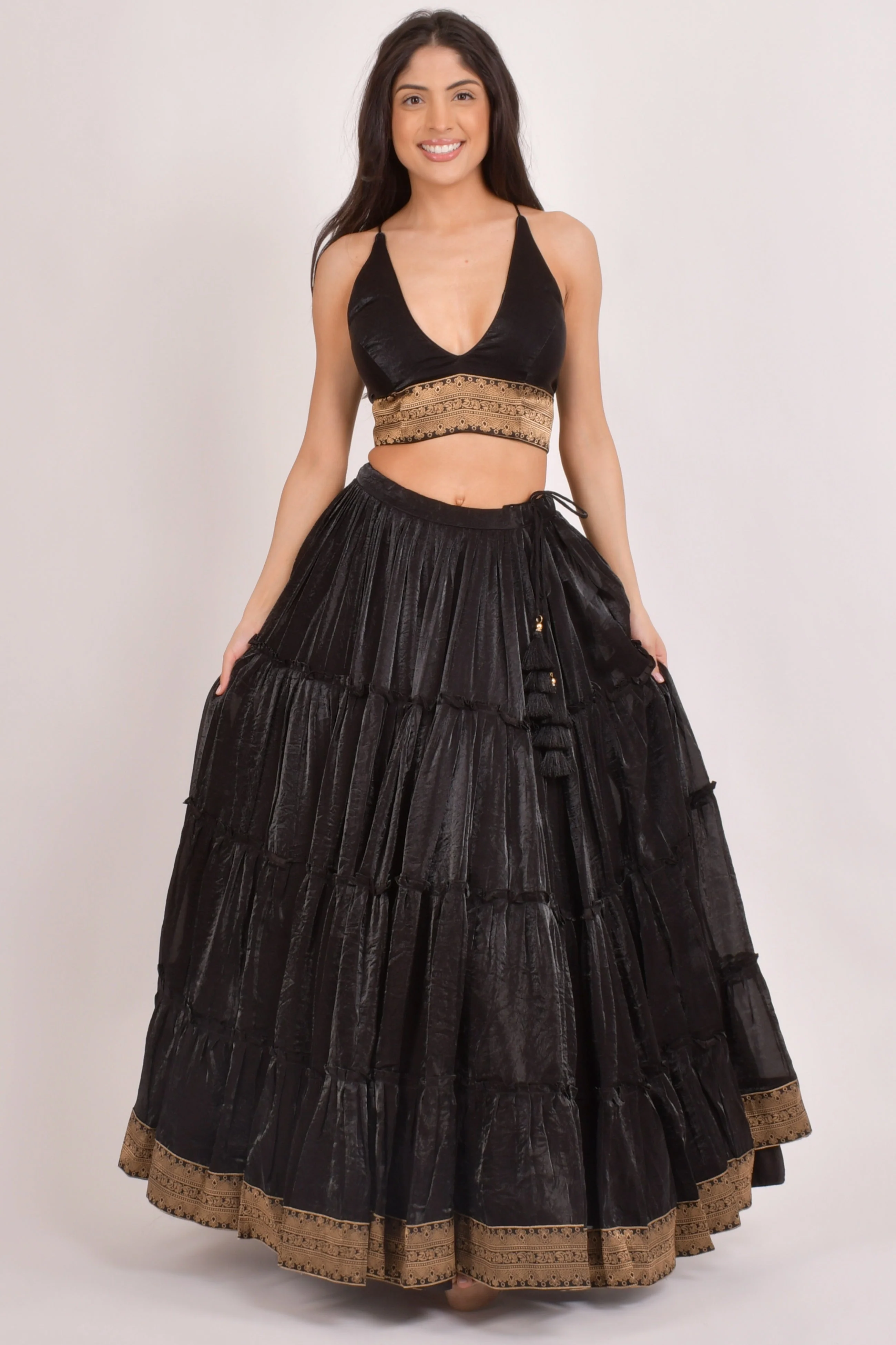 Black V-Neck Tiered Lehenga Choli Set - Image 4