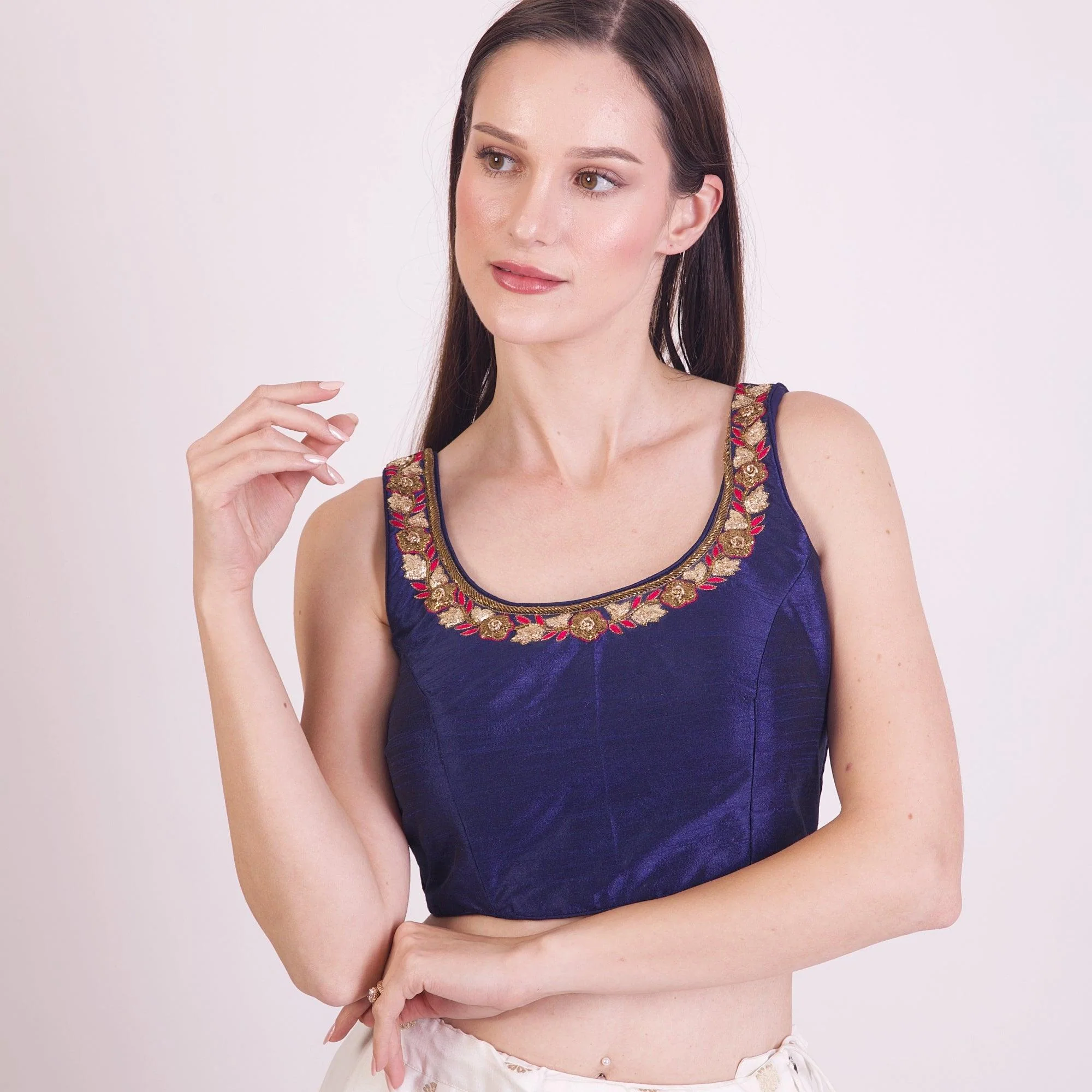 Dark Blue Sleeveless Hand Embroidered Silk Saree Blouse - Image 3
