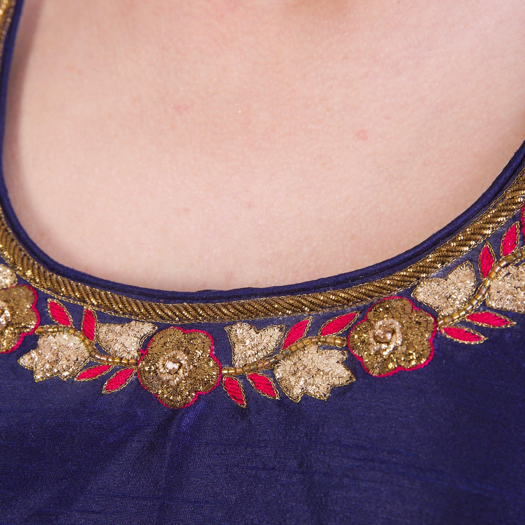Dark Blue Sleeveless Hand Embroidered Silk Saree Blouse - Image 4