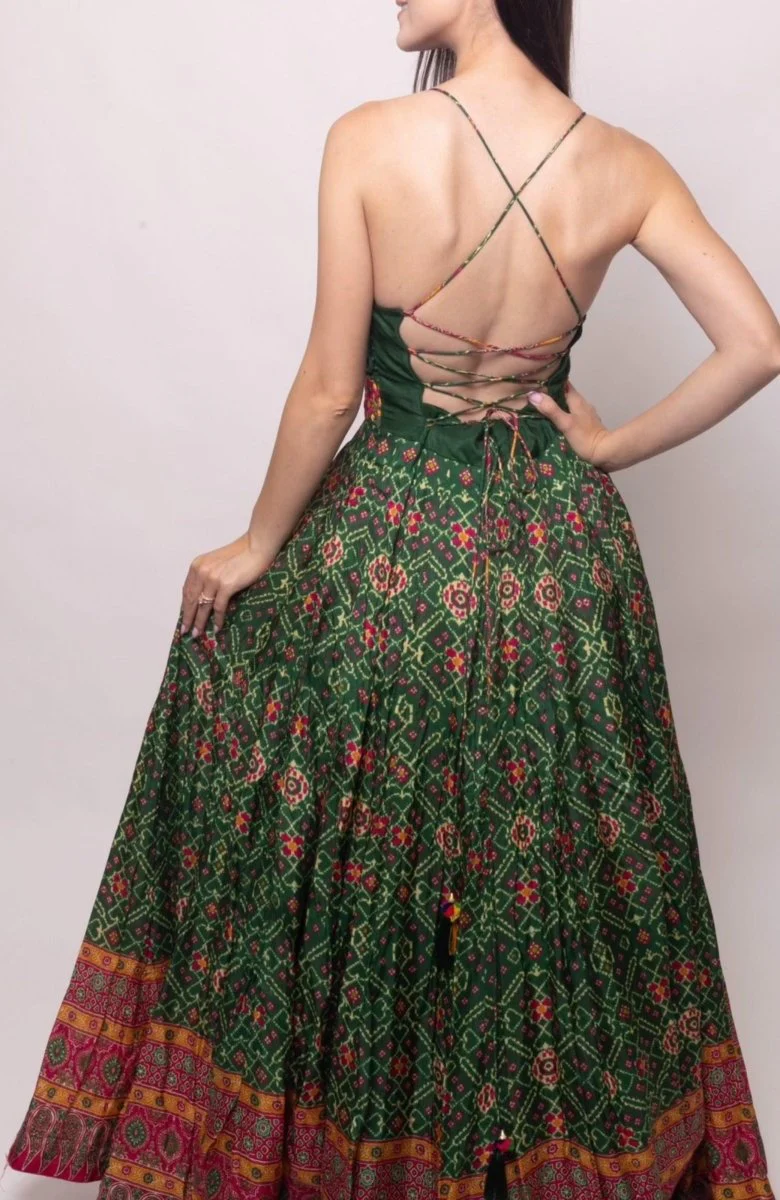 Green Open Back Dress with Hand Embroidered Torso - Image 2